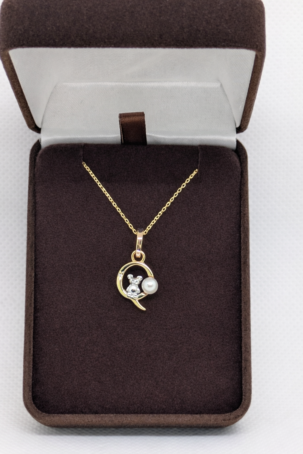 Pearl Initial Necklace with Baby Bear Whimsy Sterling Silver 18kt Gold Letter A-Z Available