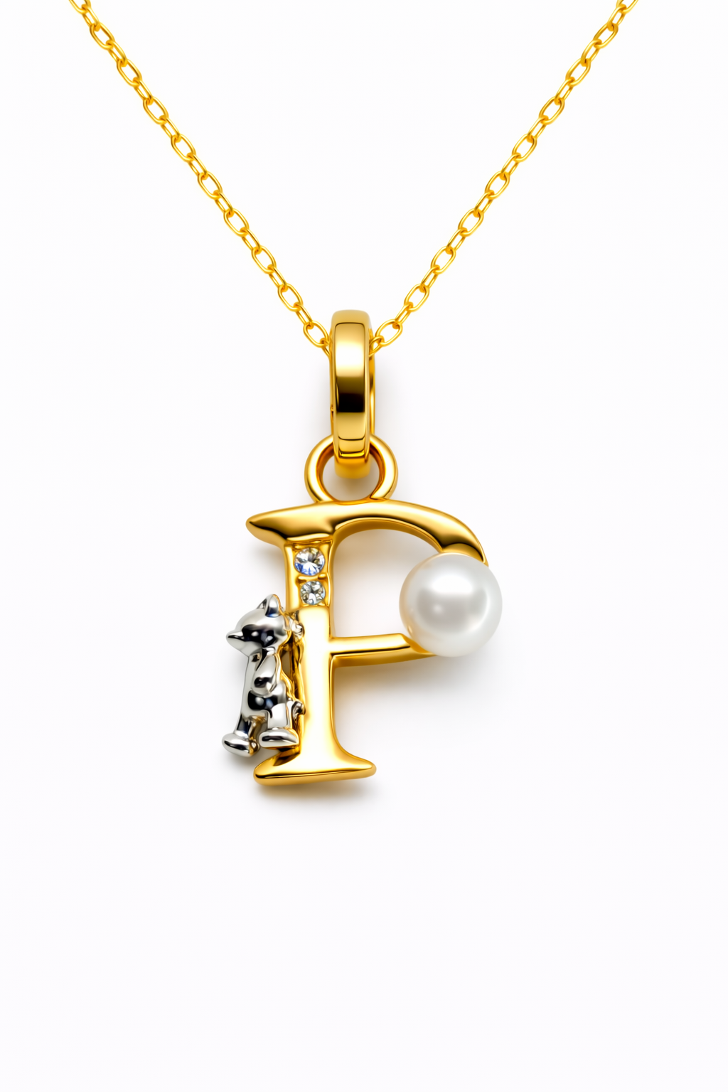 Pearl Initial Necklace with Baby Bear Whimsy Sterling Silver 18kt Gold Letter A-Z Available