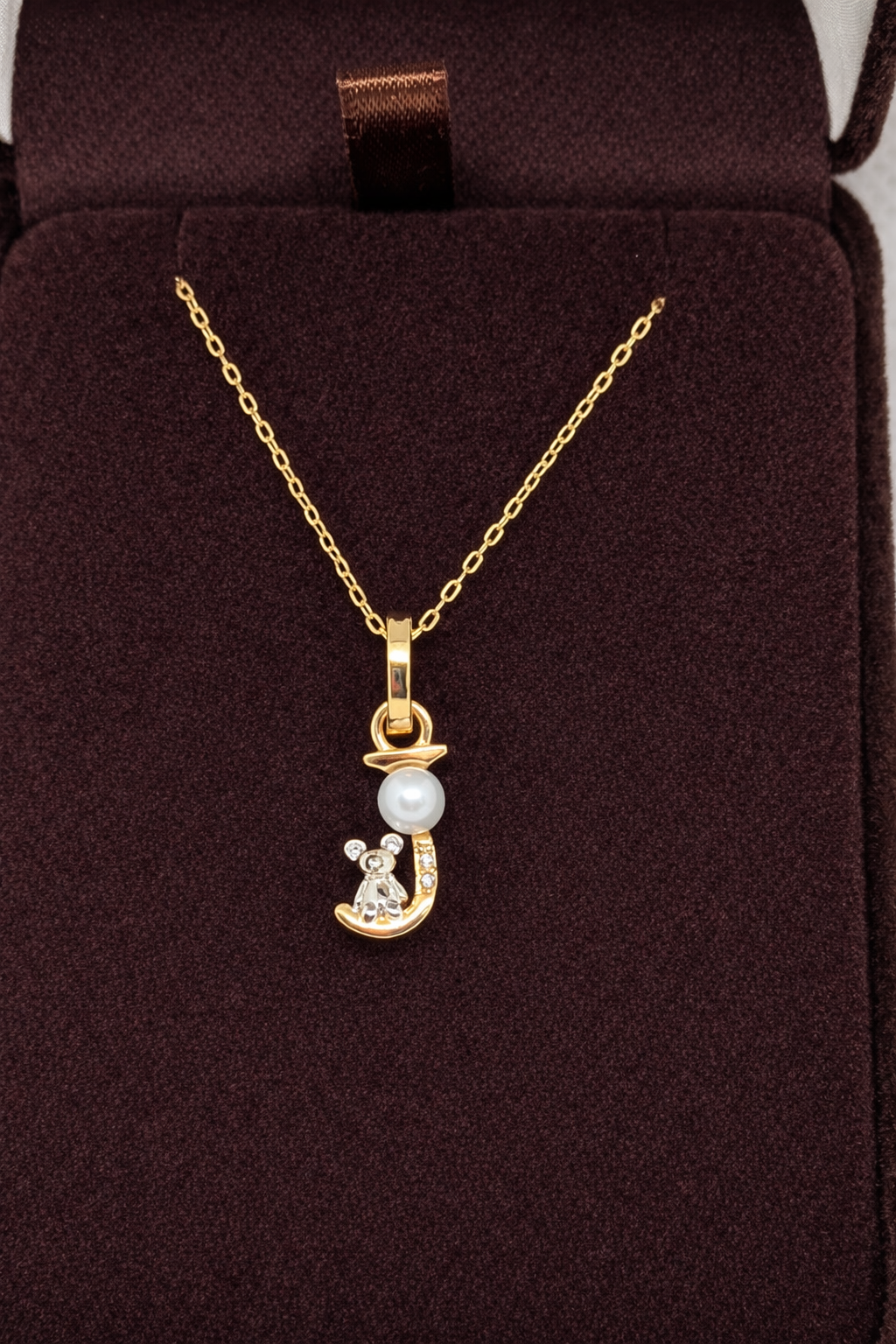 Pearl Initial Necklace with Baby Bear Whimsy Sterling Silver 18kt Gold Letter A-Z Available