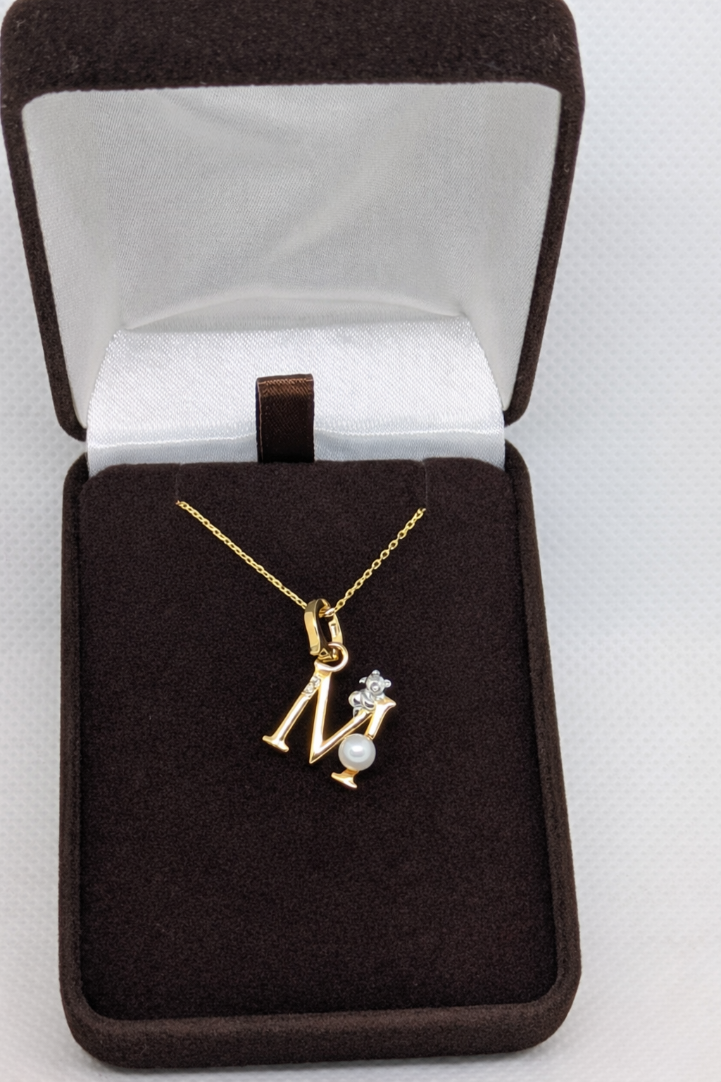 Pearl Initial Necklace with Baby Bear Whimsy Sterling Silver 18kt Gold Letter A-Z Available