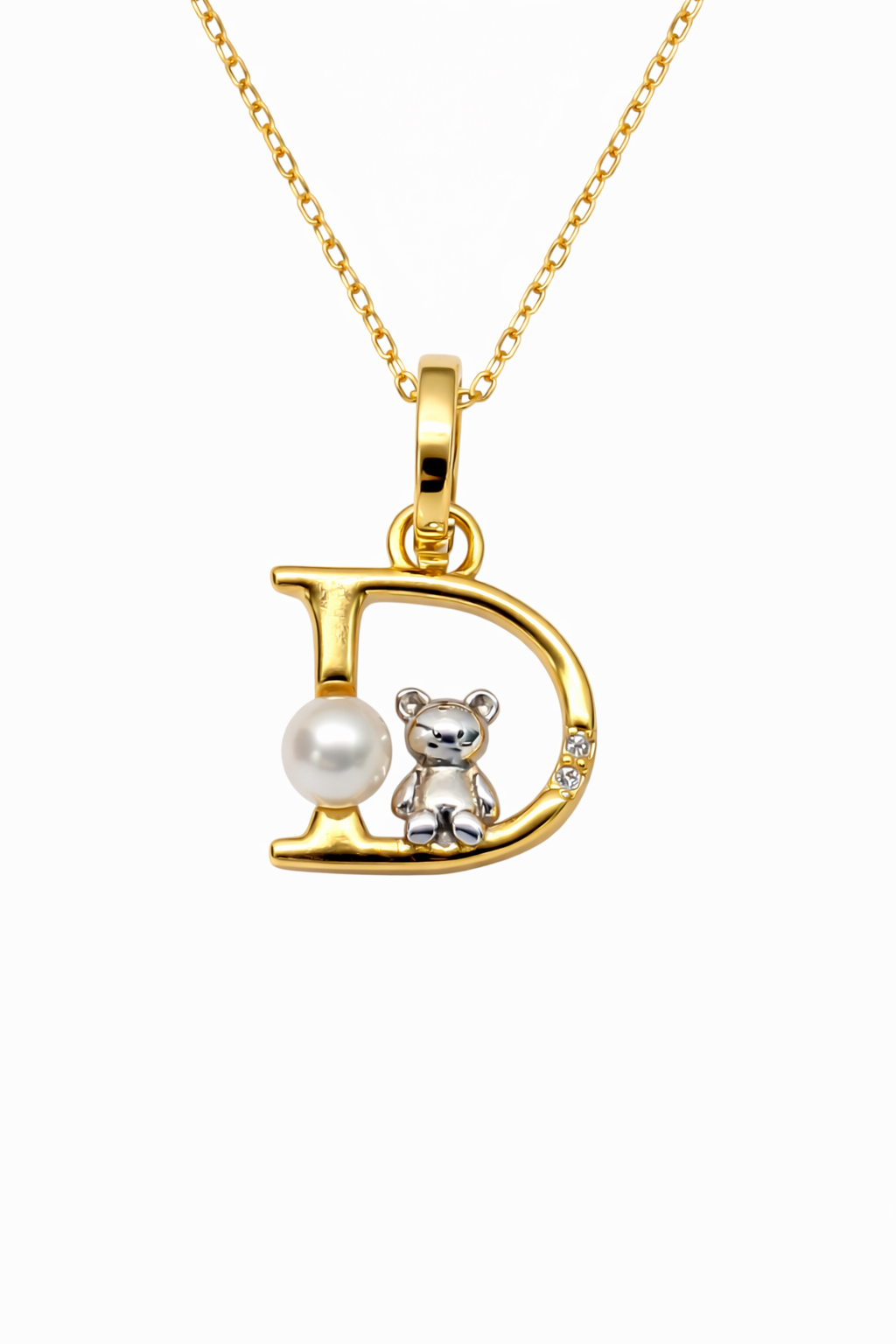 Pearl Initial Necklace with Baby Bear Whimsy Sterling Silver 18kt Gold Letter A-Z Available