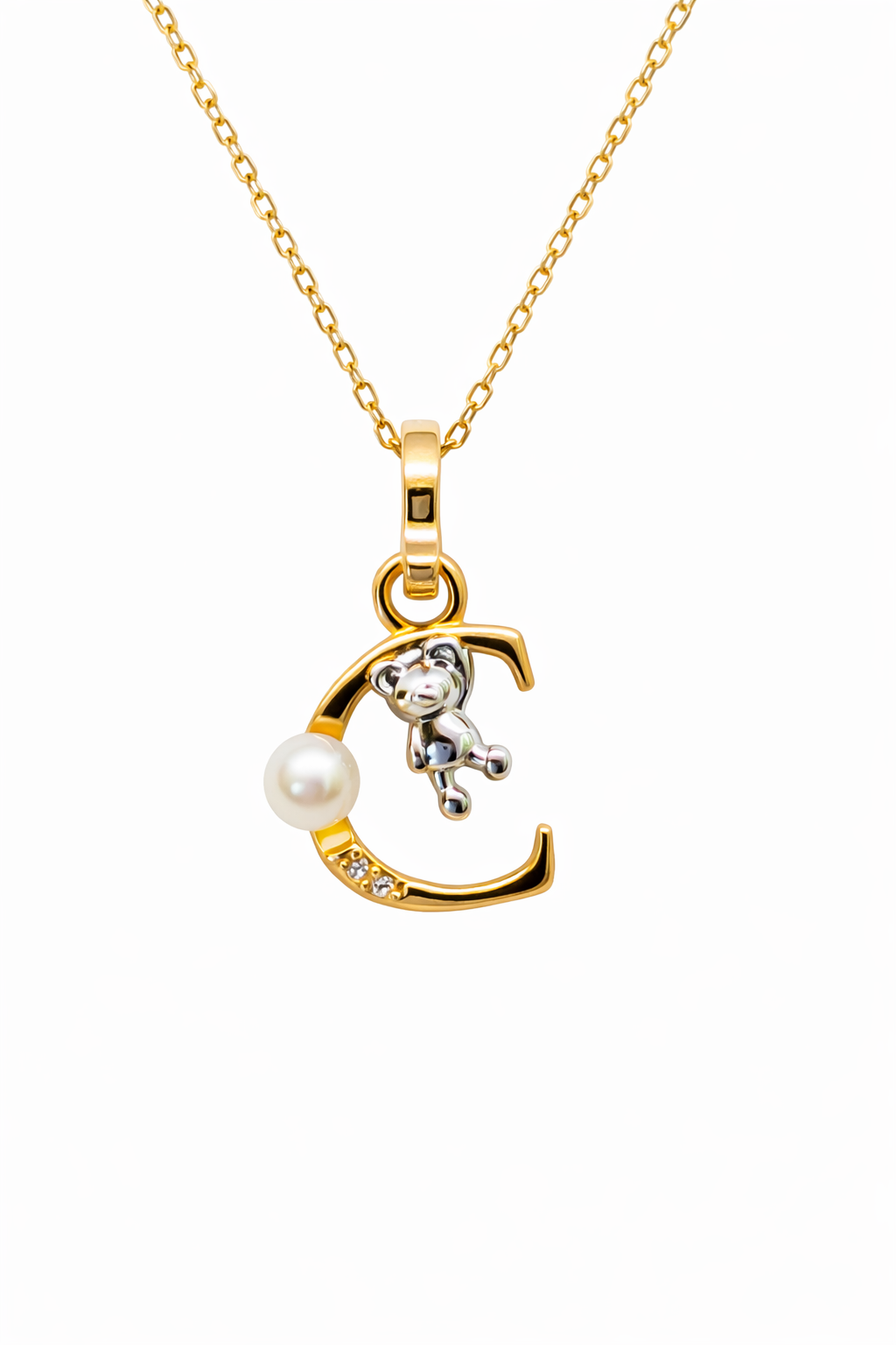Pearl Initial Necklace with Baby Bear Whimsy Sterling Silver 18kt Gold Letter A-Z Available