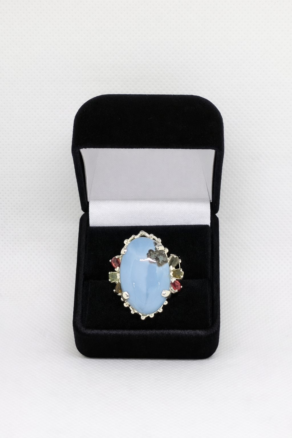 Natural Blue Opal 18.30ct Gemstone Ring with Tourmaline, Garnet, Amethyst & Smoky Topaz Accents | Sterling Silver | Gift‑Ready