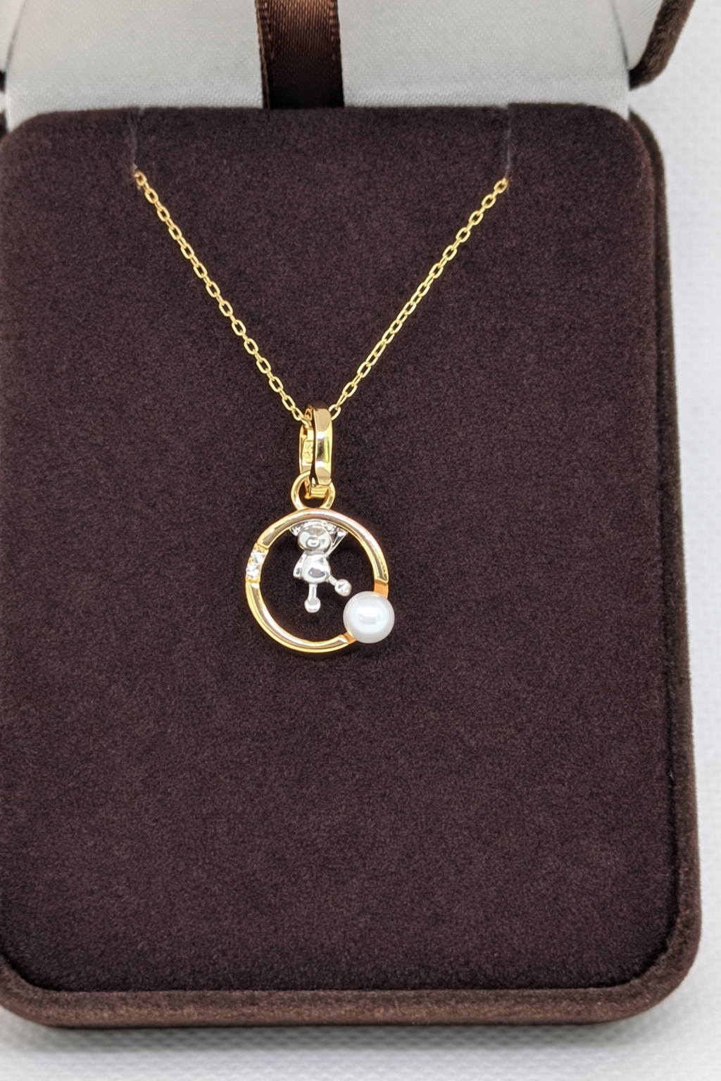Pearl Initial Necklace with Baby Bear Whimsy Sterling Silver 18kt Gold Letter A-Z Available