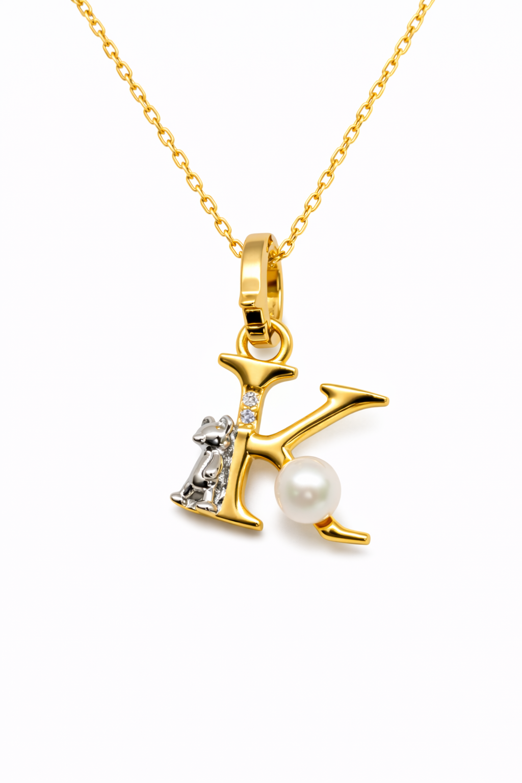 Pearl Initial Necklace with Baby Bear Whimsy Sterling Silver 18kt Gold Letter A-Z Available