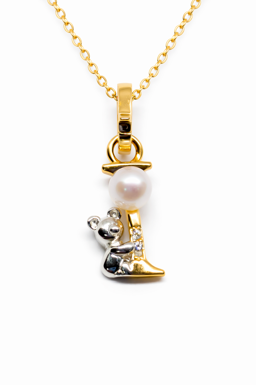 Pearl Initial Necklace with Baby Bear Whimsy Sterling Silver 18kt Gold Letter A-Z Available