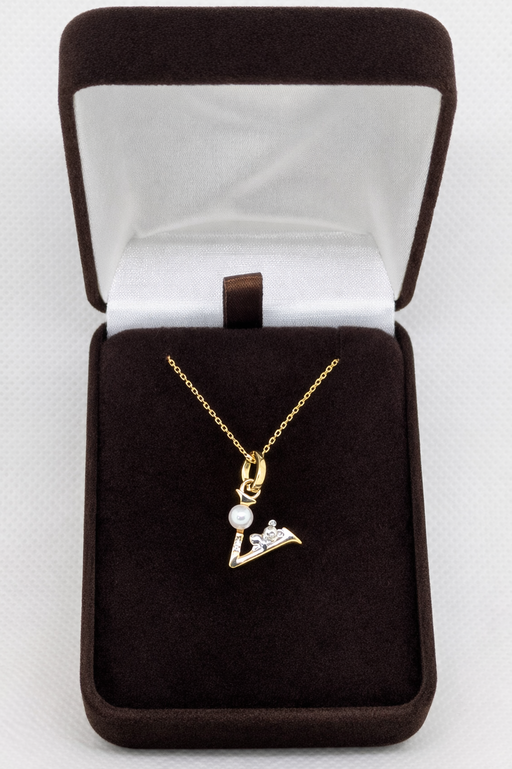 Pearl Initial Necklace with Baby Bear Whimsy Sterling Silver 18kt Gold Letter A-Z Available