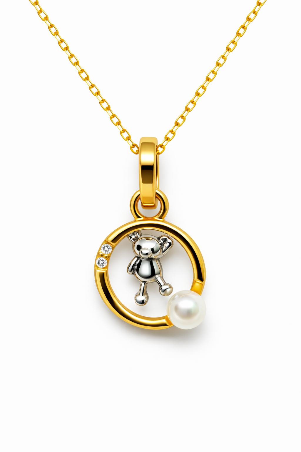 Pearl Initial Necklace with Baby Bear Whimsy Sterling Silver 18kt Gold Letter A-Z Available