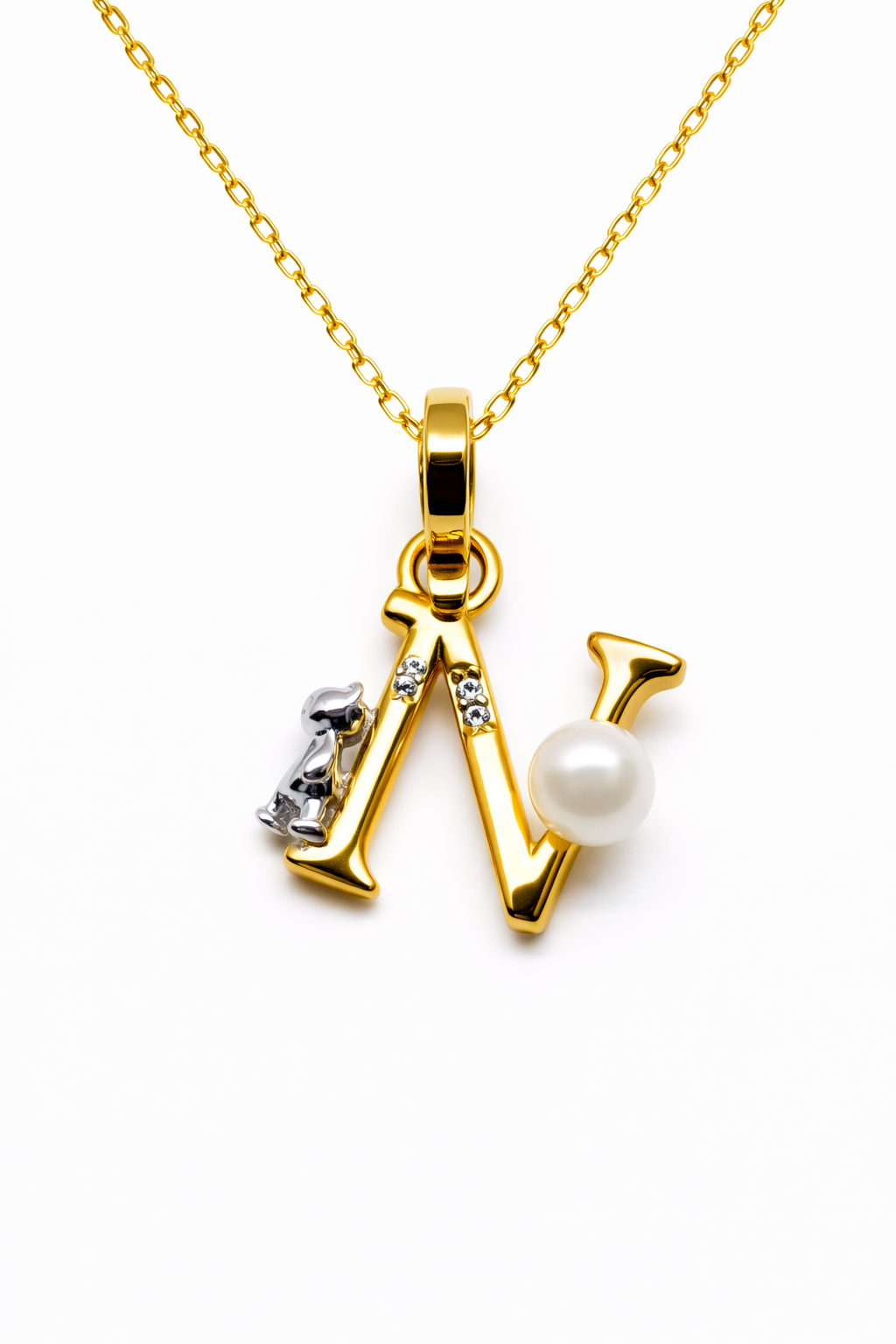 Pearl Initial Necklace with Baby Bear Whimsy Sterling Silver 18kt Gold Letter A-Z Available