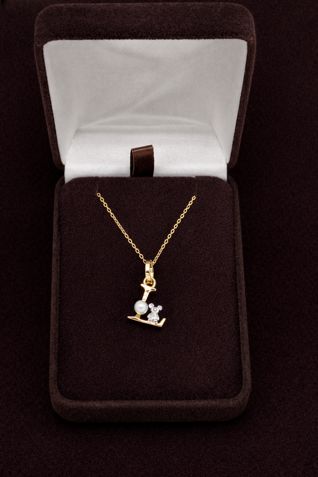 Pearl Initial Necklace with Baby Bear Whimsy Sterling Silver 18kt Gold Letter A-Z Available
