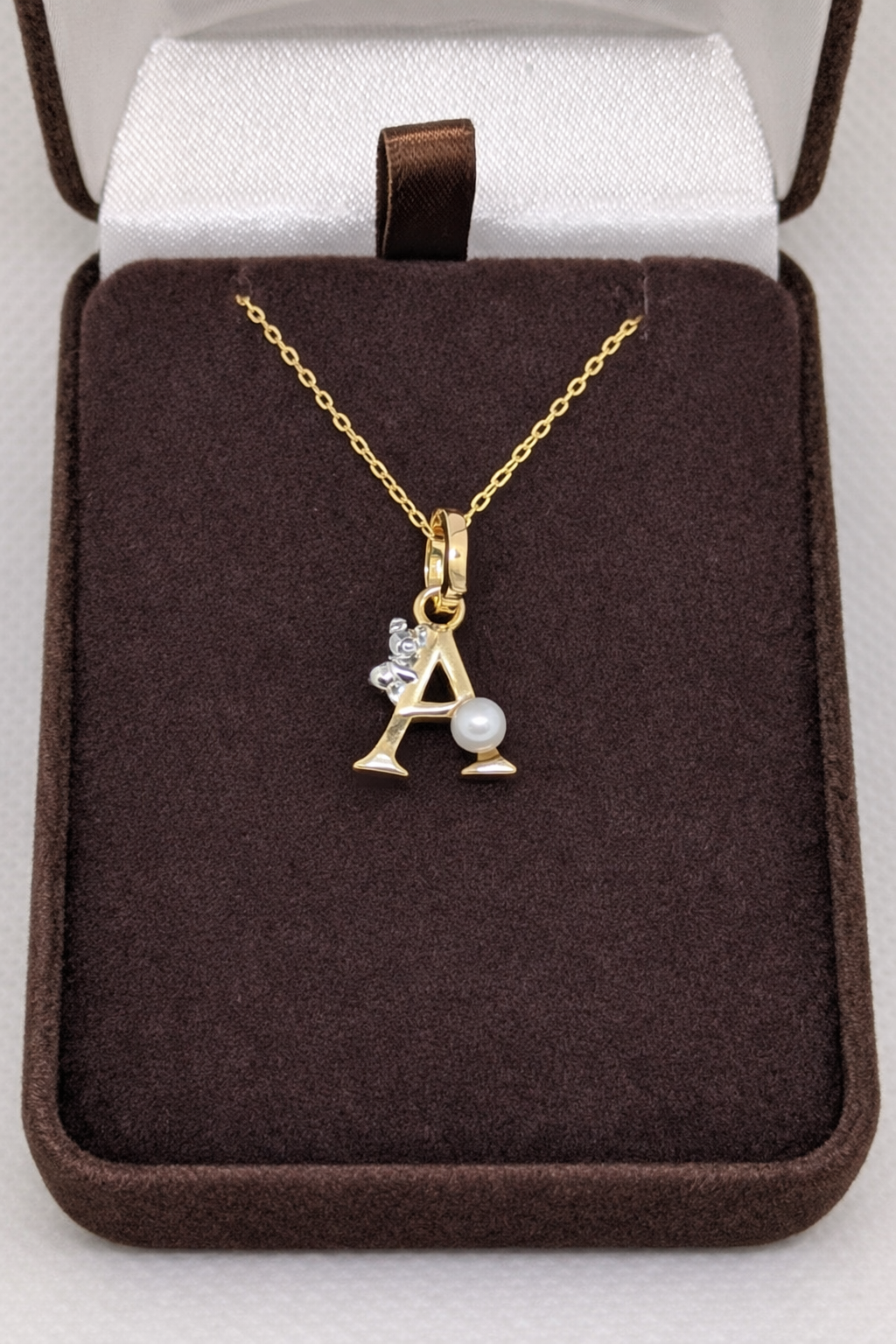 Pearl Initial Necklace with Baby Bear Whimsy Sterling Silver 18kt Gold Letter A-Z Available