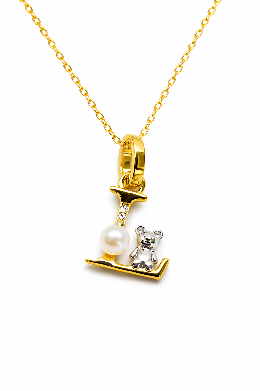 Pearl Initial Necklace with Baby Bear Whimsy Sterling Silver 18kt Gold Letter A-Z Available