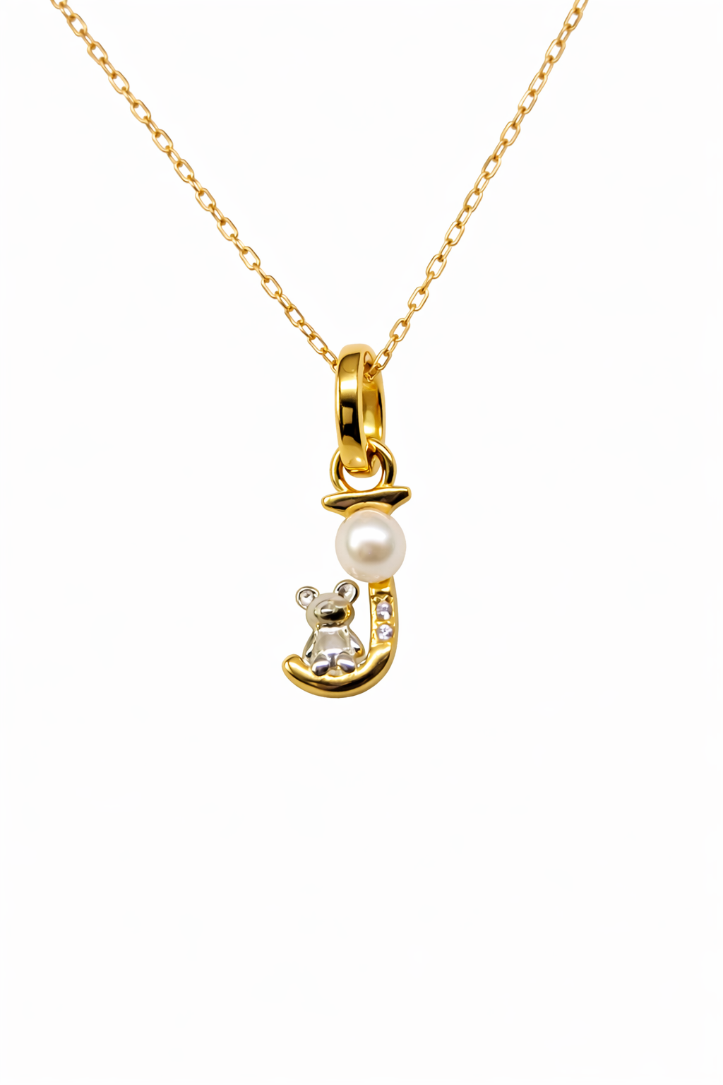 Pearl Initial Necklace with Baby Bear Whimsy Sterling Silver 18kt Gold Letter A-Z Available