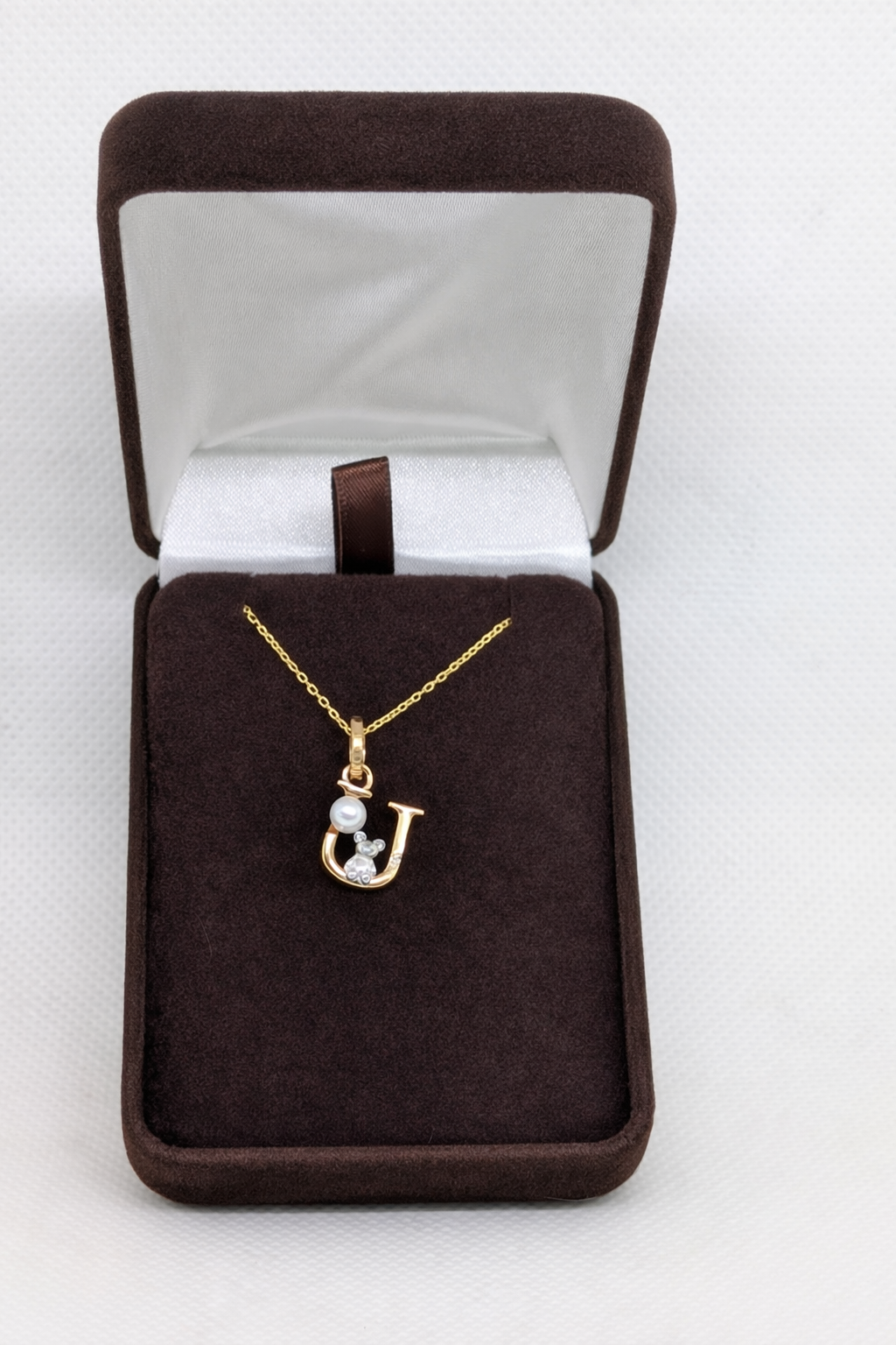 Pearl Initial Necklace with Baby Bear Whimsy Sterling Silver 18kt Gold Letter A-Z Available