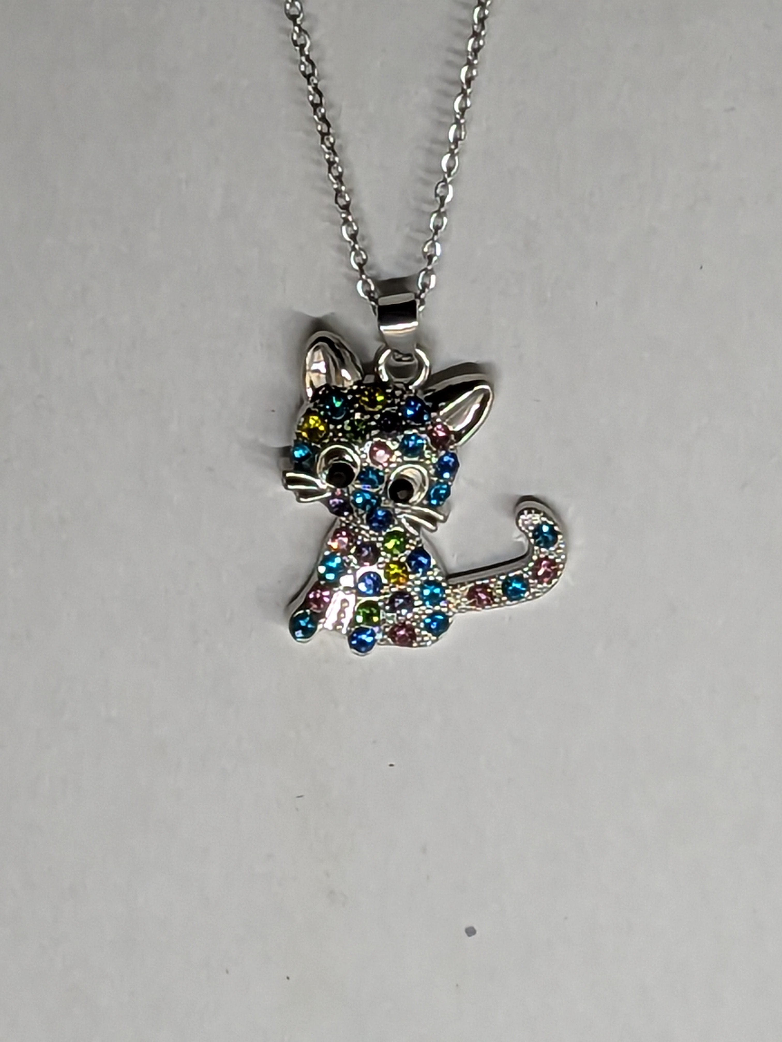 Silver Cat Necklace - Multicolor or White Crystals