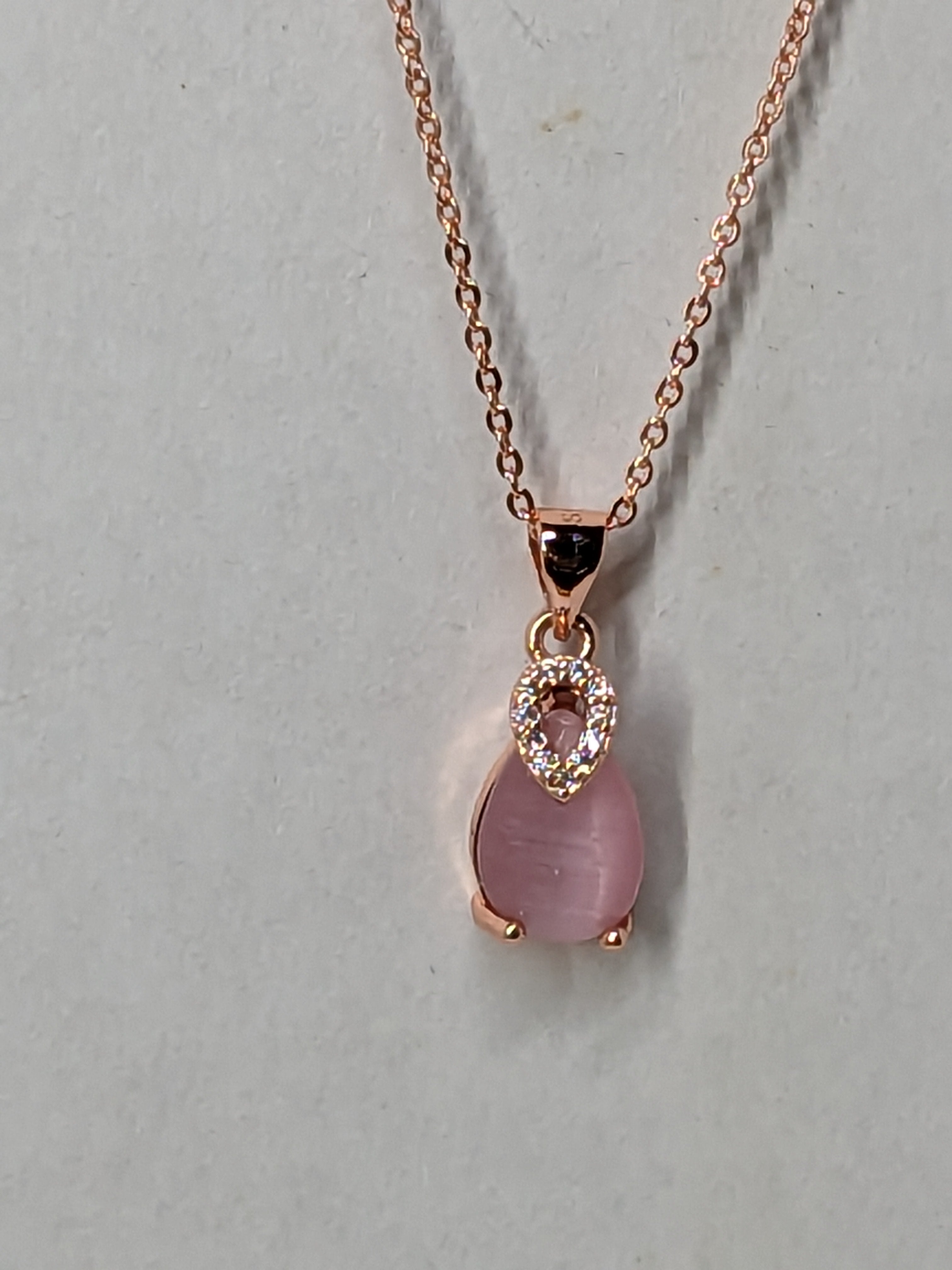 Genuine Rose Quartz Necklace double teardrop 1.56ct with Genuine White Zircon Accents