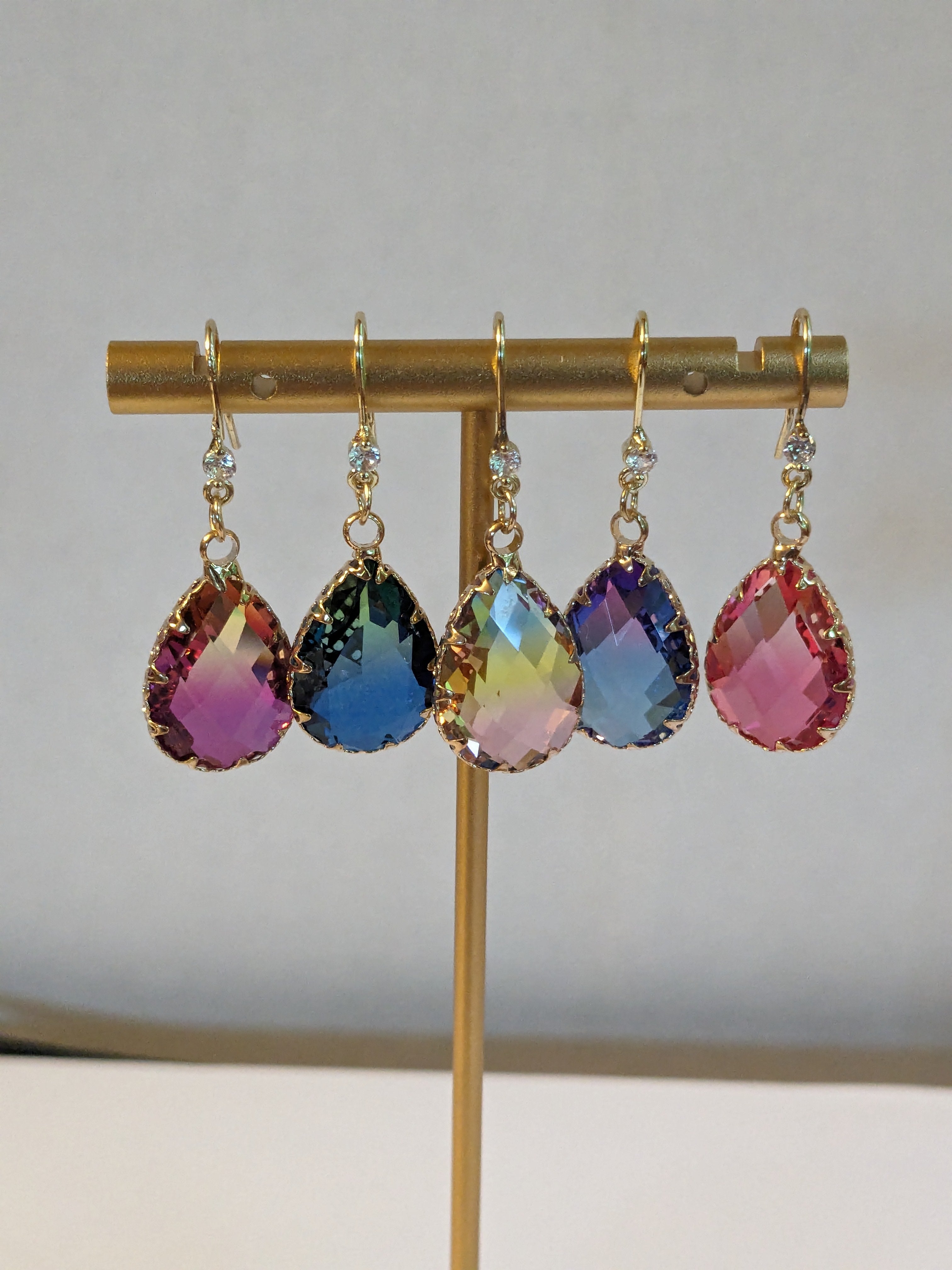 Large Eye Catching Two Tone Faceted Pear Shaped Crystal Prism Earrings