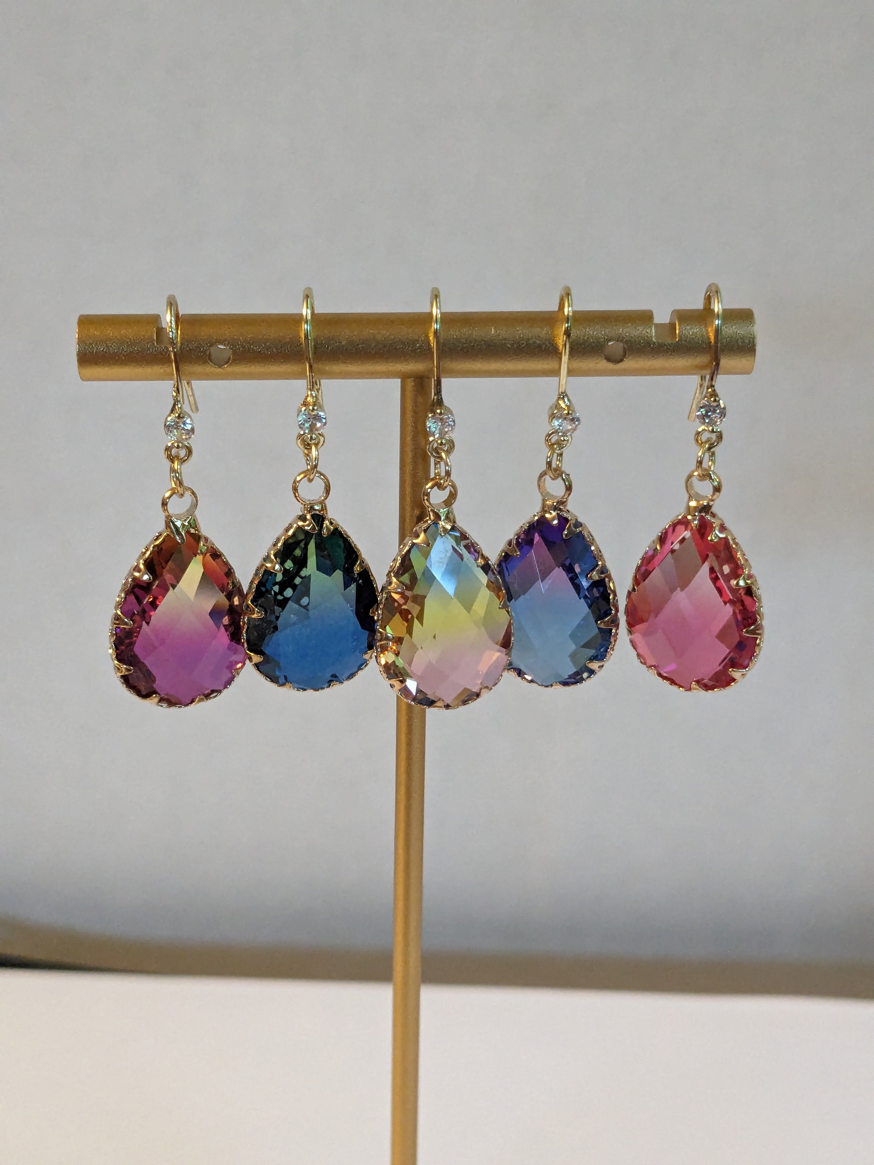 Large Eye Catching Two Tone Faceted Pear Shaped Crystal Prism Earrings