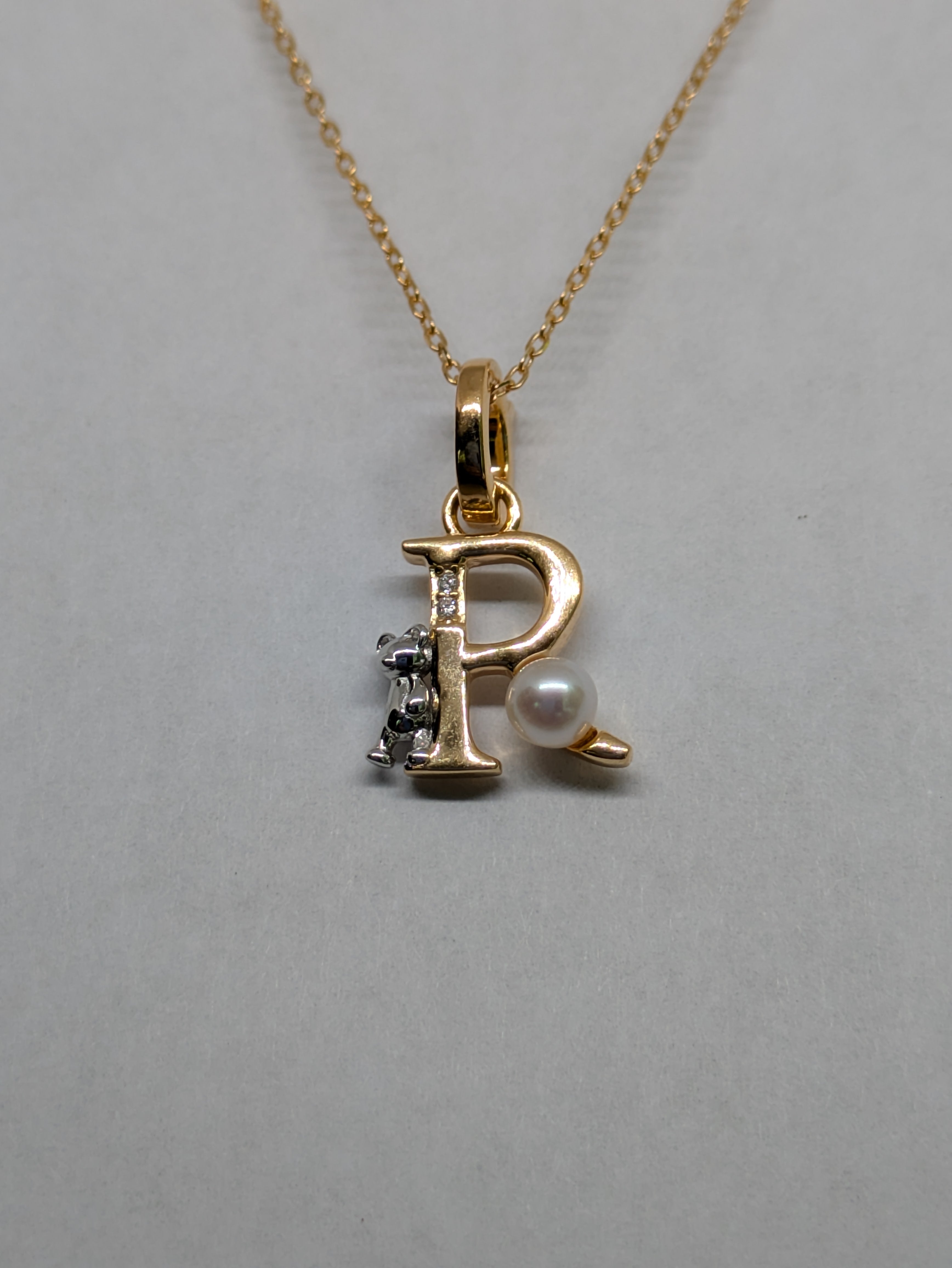 Pearl Initial Necklace with Baby Bear Whimsy Sterling Silver 18kt Gold Letter A-Z Available