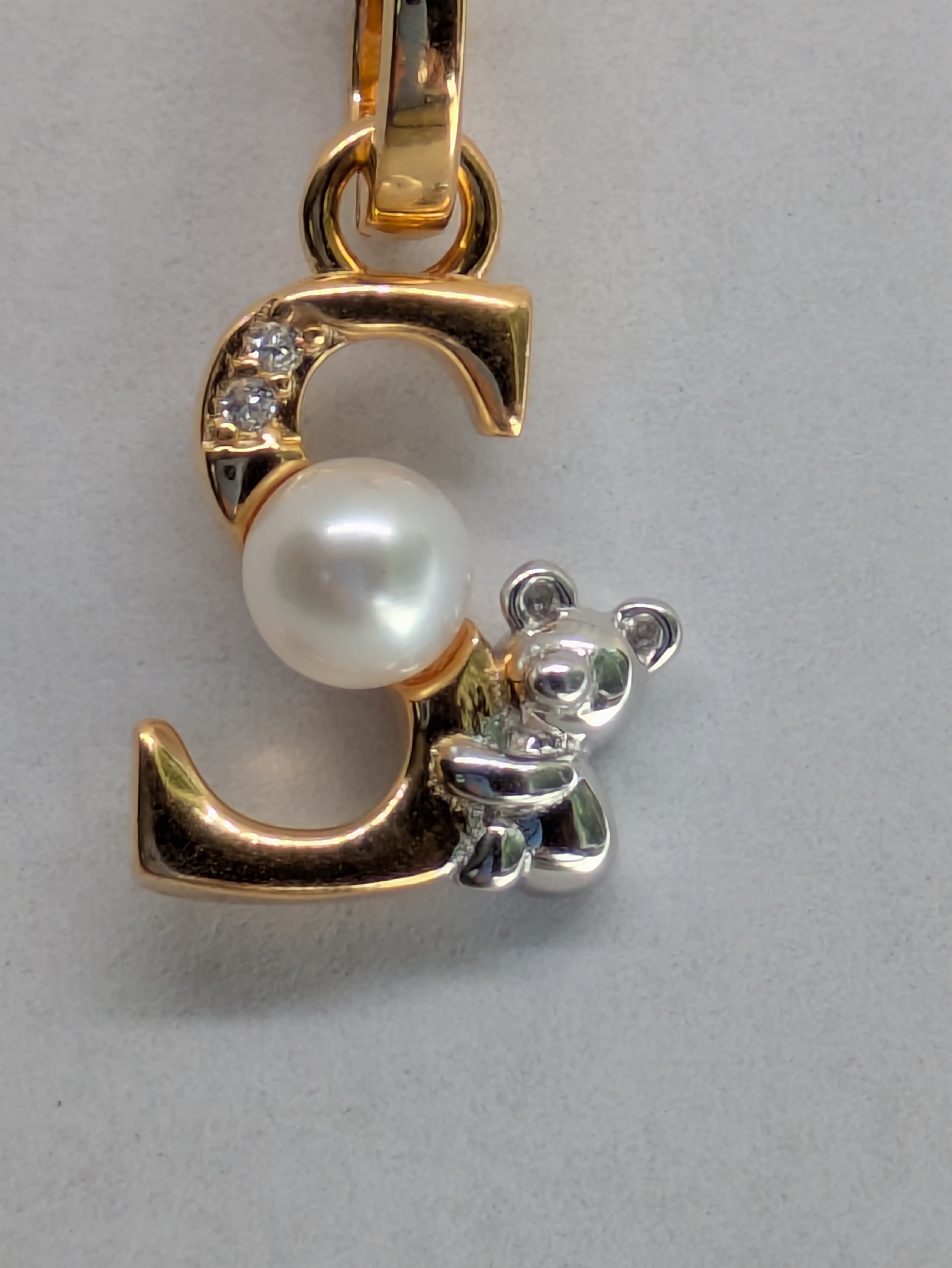Pearl Initial Necklace with Baby Bear Whimsy Sterling Silver 18kt Gold Letter A-Z Available