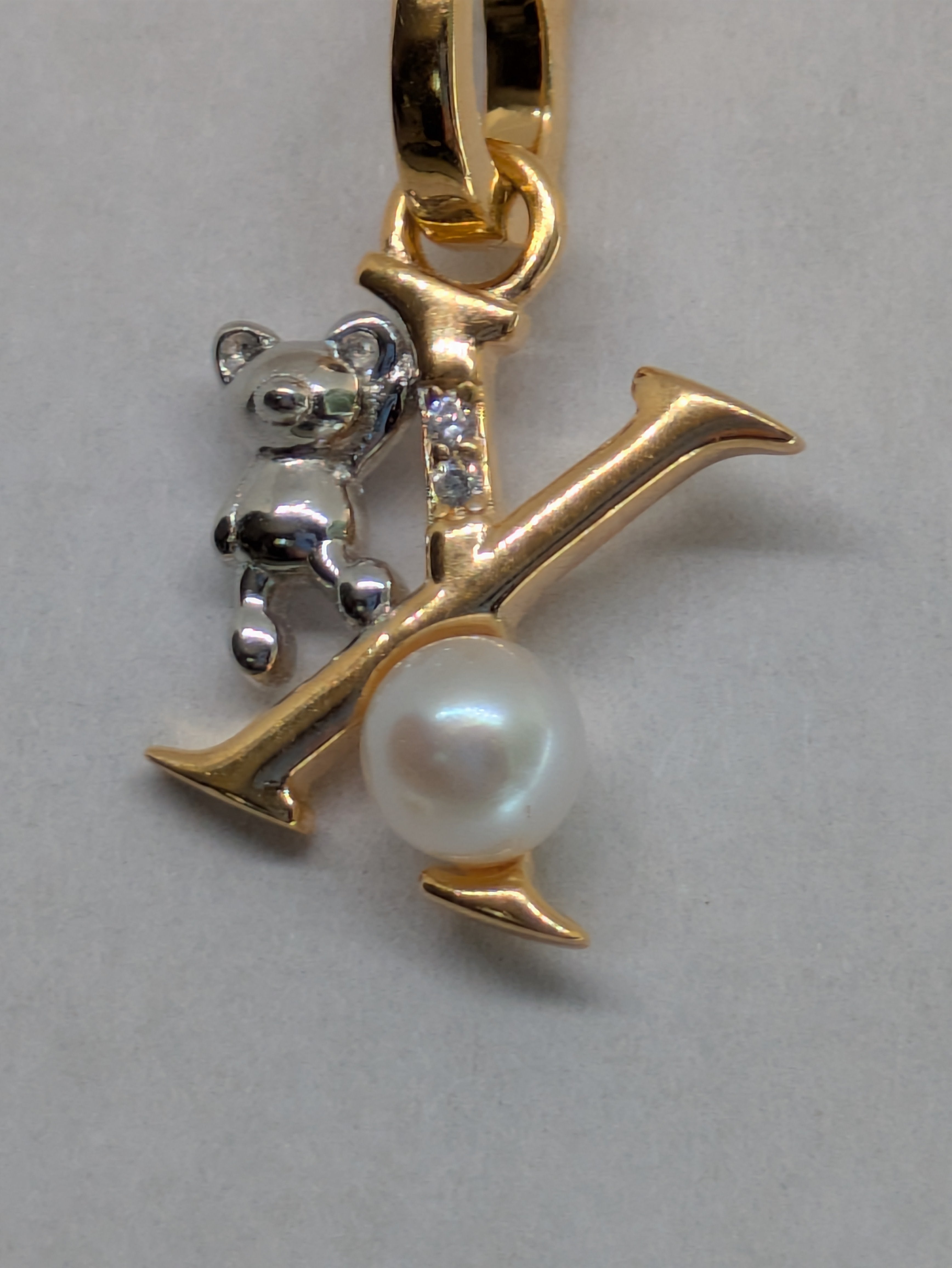 Pearl Initial Necklace with Baby Bear Whimsy Sterling Silver 18kt Gold Letter A-Z Available