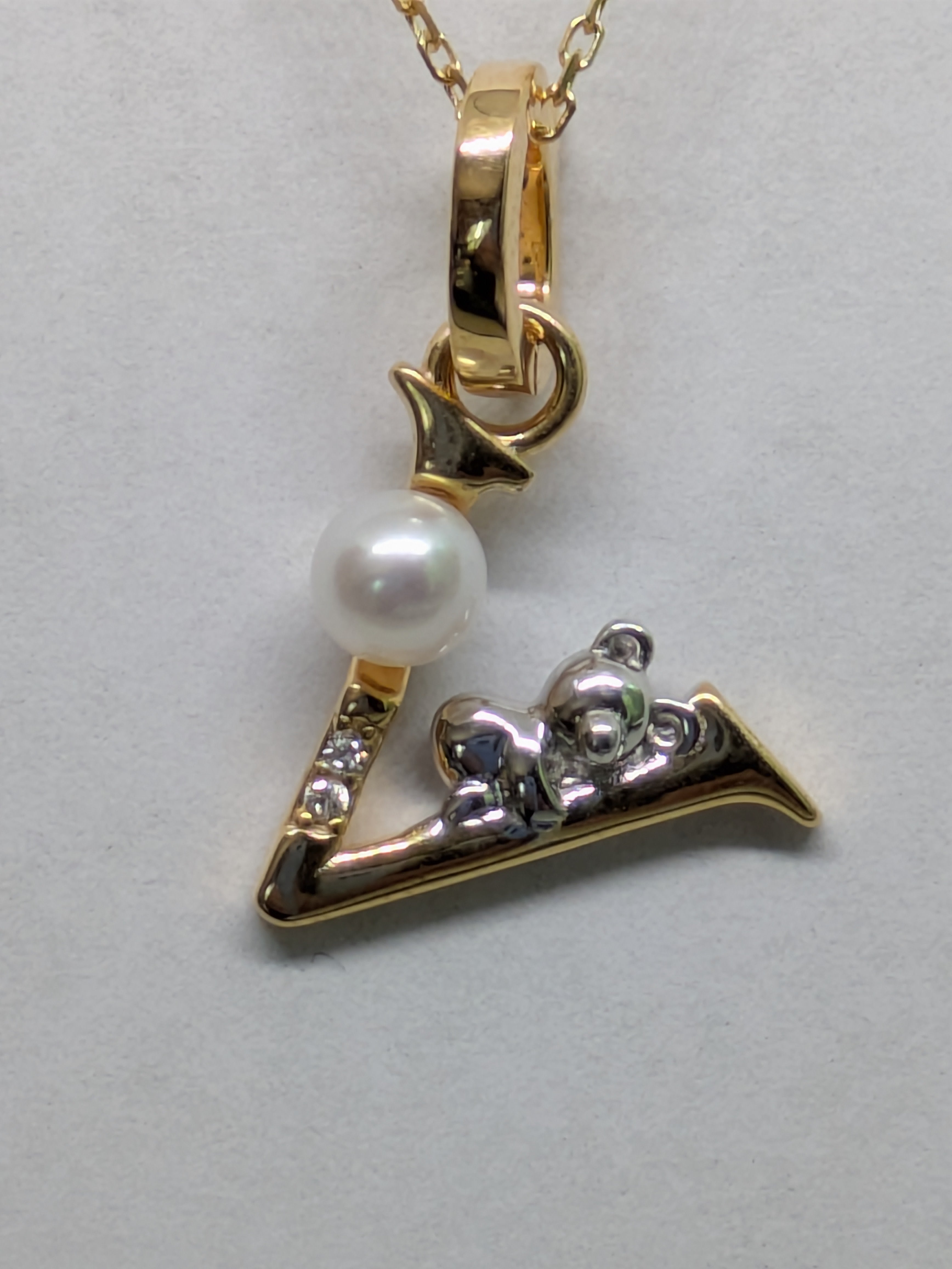 Pearl Initial Necklace with Baby Bear Whimsy Sterling Silver 18kt Gold Letter A-Z Available