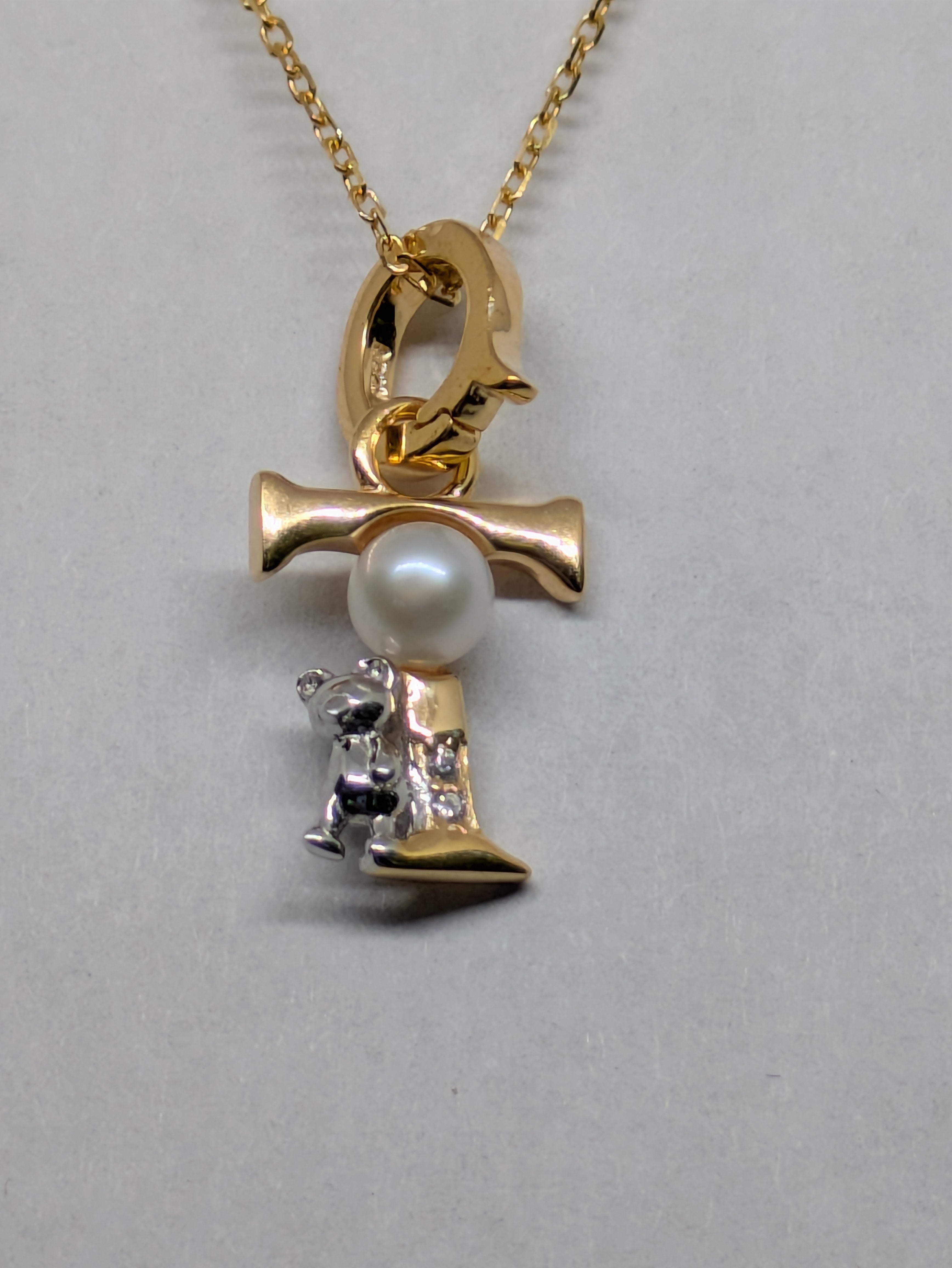 Pearl Initial Necklace with Baby Bear Whimsy Sterling Silver 18kt Gold Letter A-Z Available