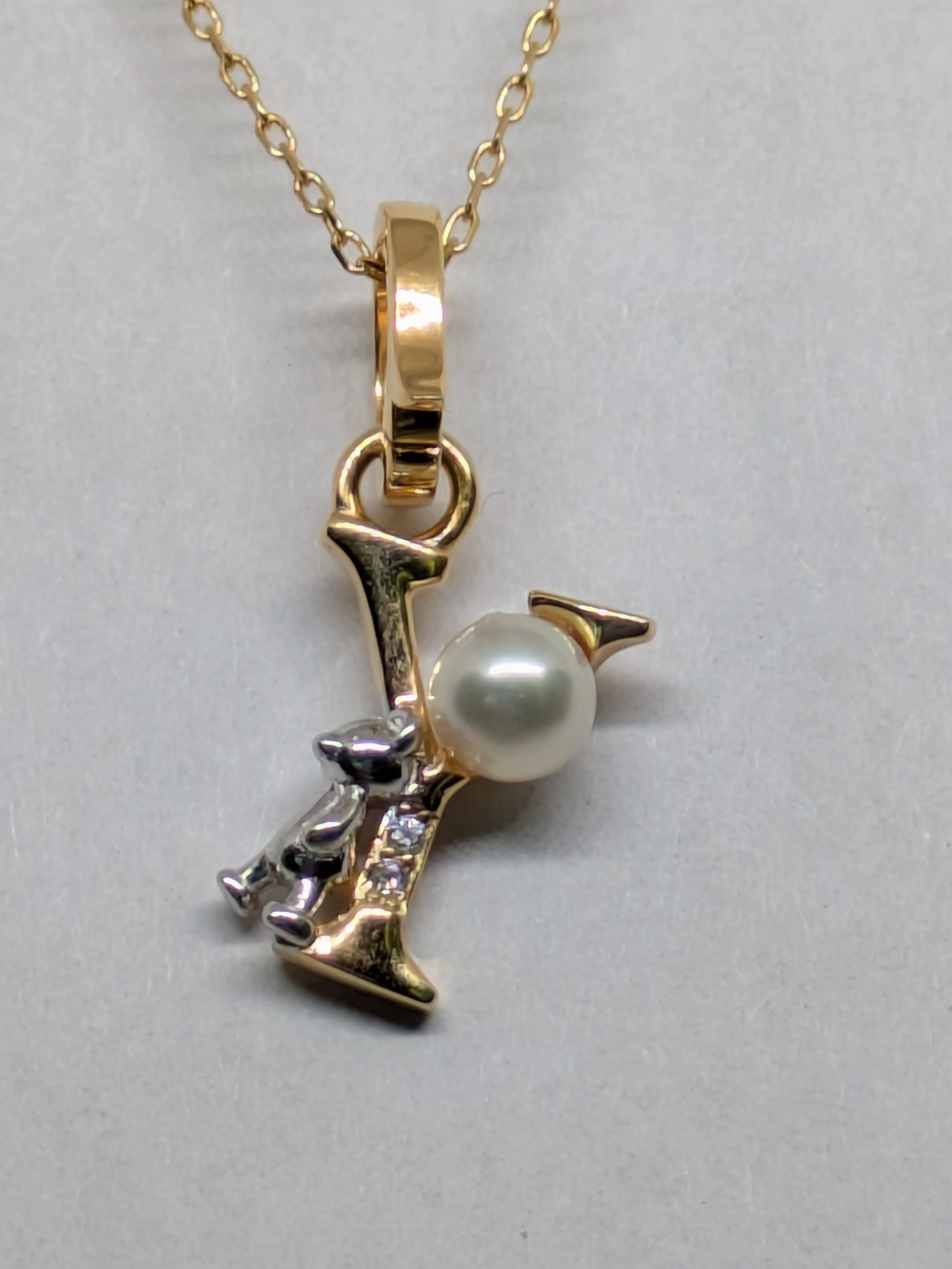 Pearl Initial Necklace with Baby Bear Whimsy Sterling Silver 18kt Gold Letter A-Z Available