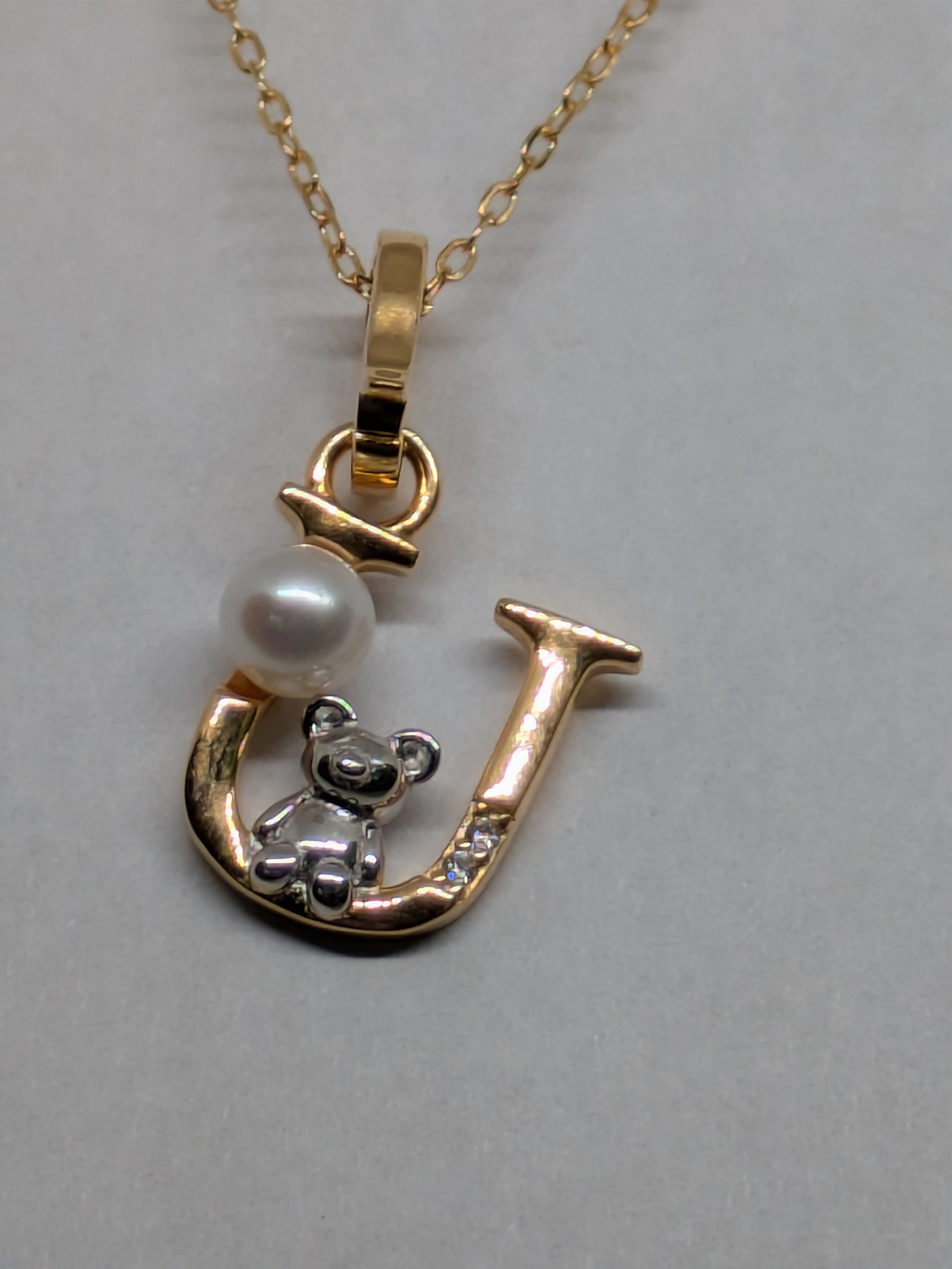 Pearl Initial Necklace with Baby Bear Whimsy Sterling Silver 18kt Gold Letter A-Z Available