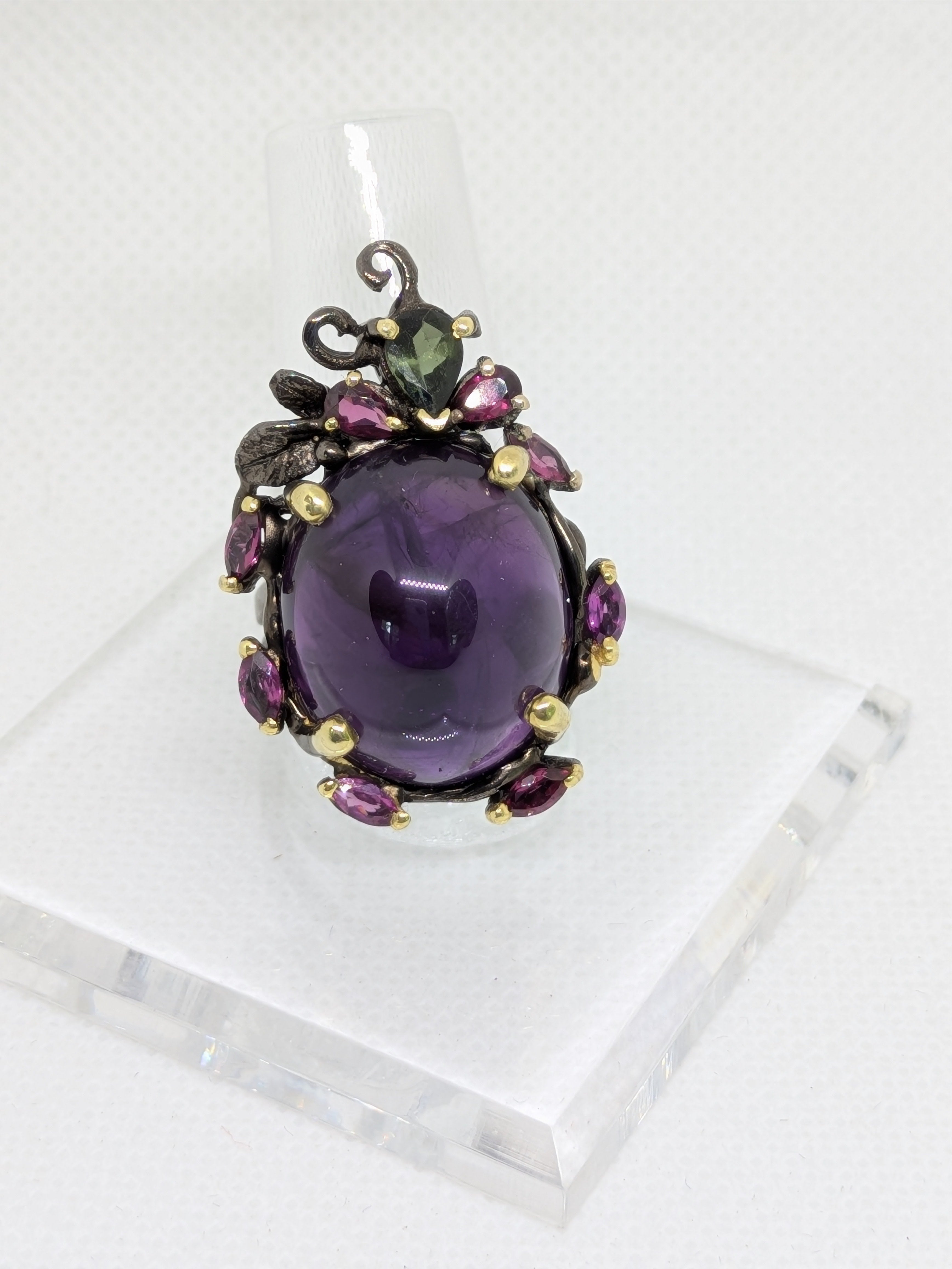 35ct Natural Mined Amethyst Cabochon Ring with Tourmaline and Rhodolite Accents Black Rhodium