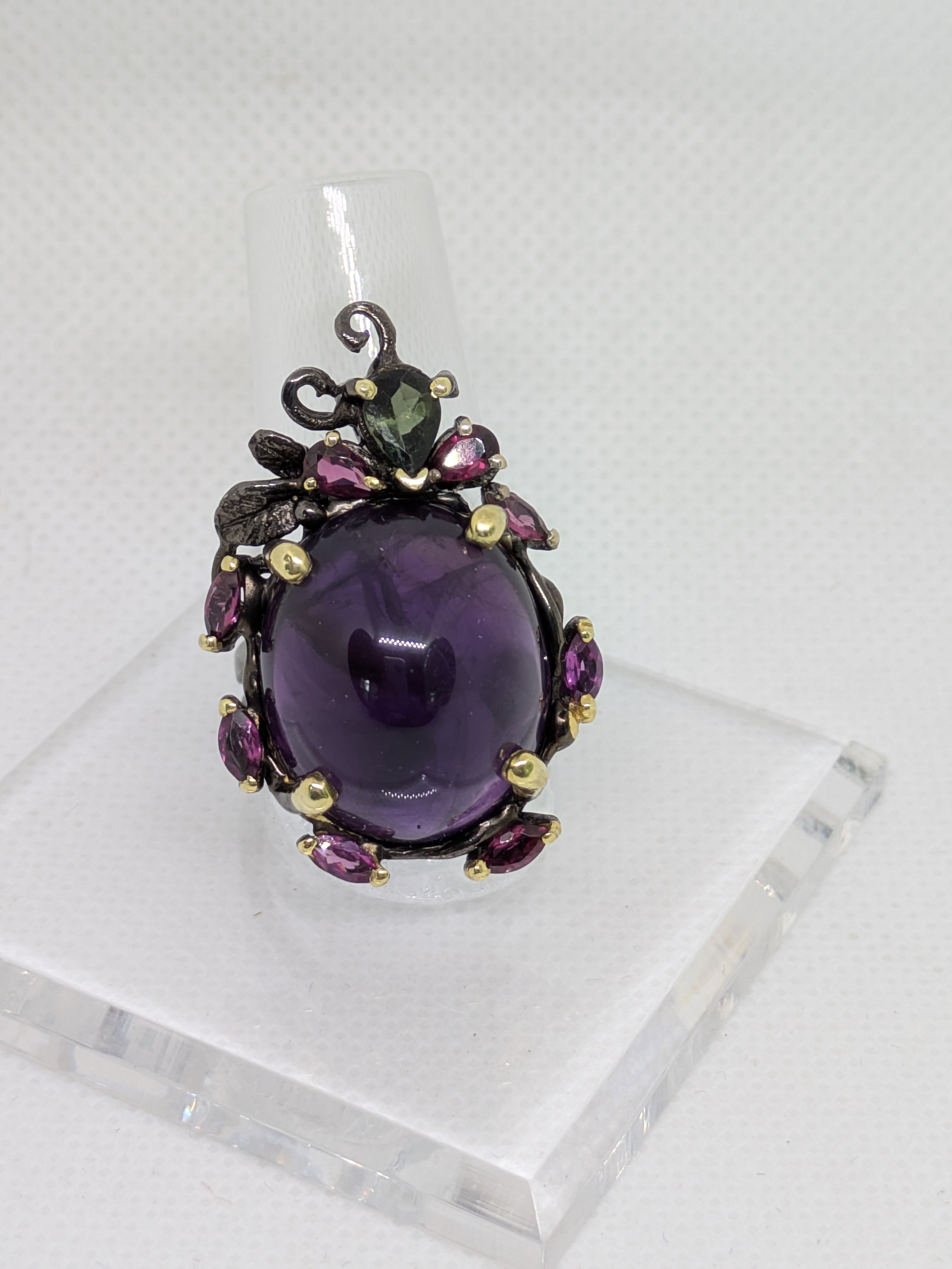 35ct Natural Mined Amethyst Cabochon Ring with Tourmaline and Rhodolite Accents Black Rhodium