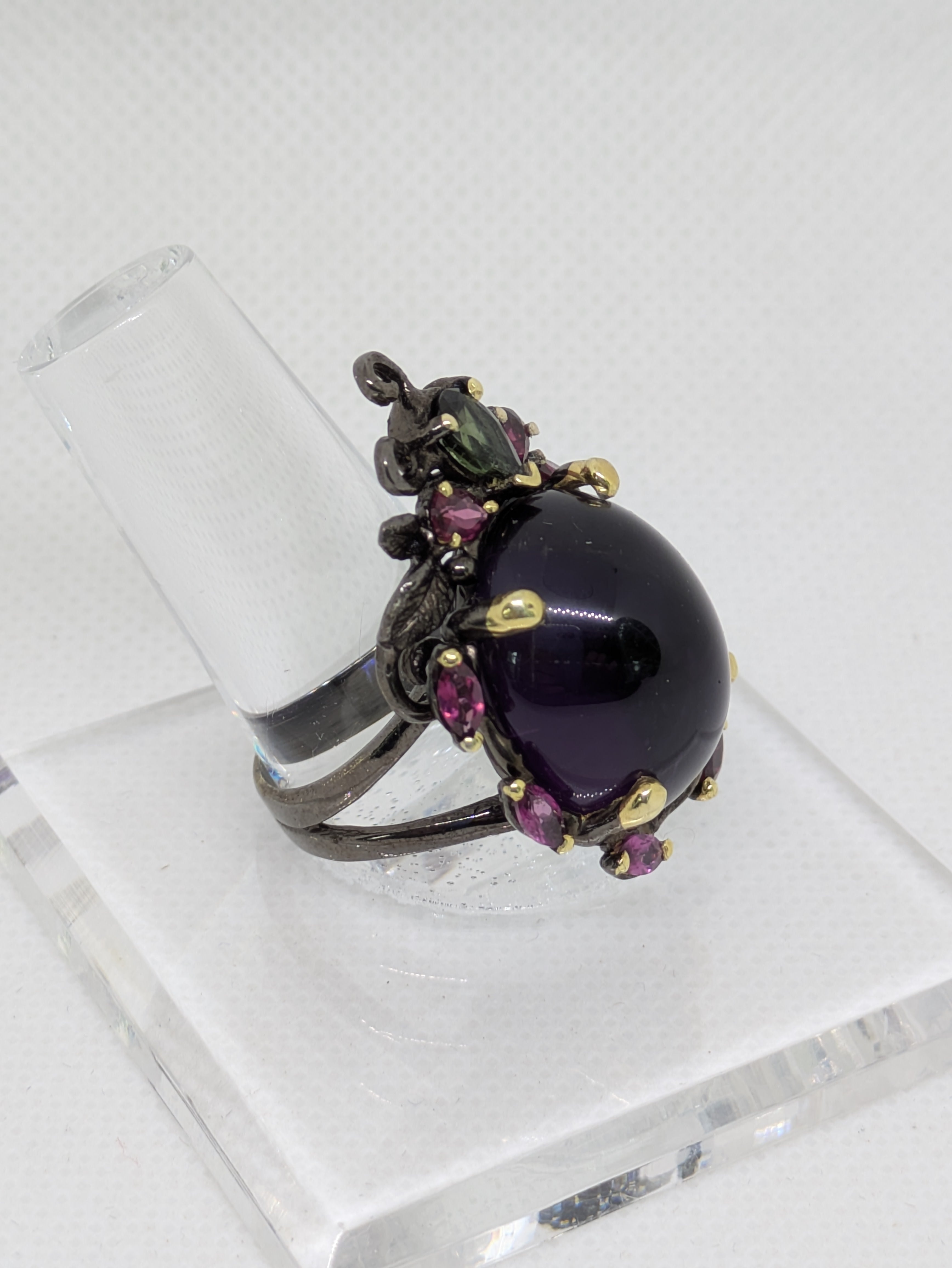 35ct Natural Mined Amethyst Cabochon Ring with Tourmaline and Rhodolite Accents Black Rhodium
