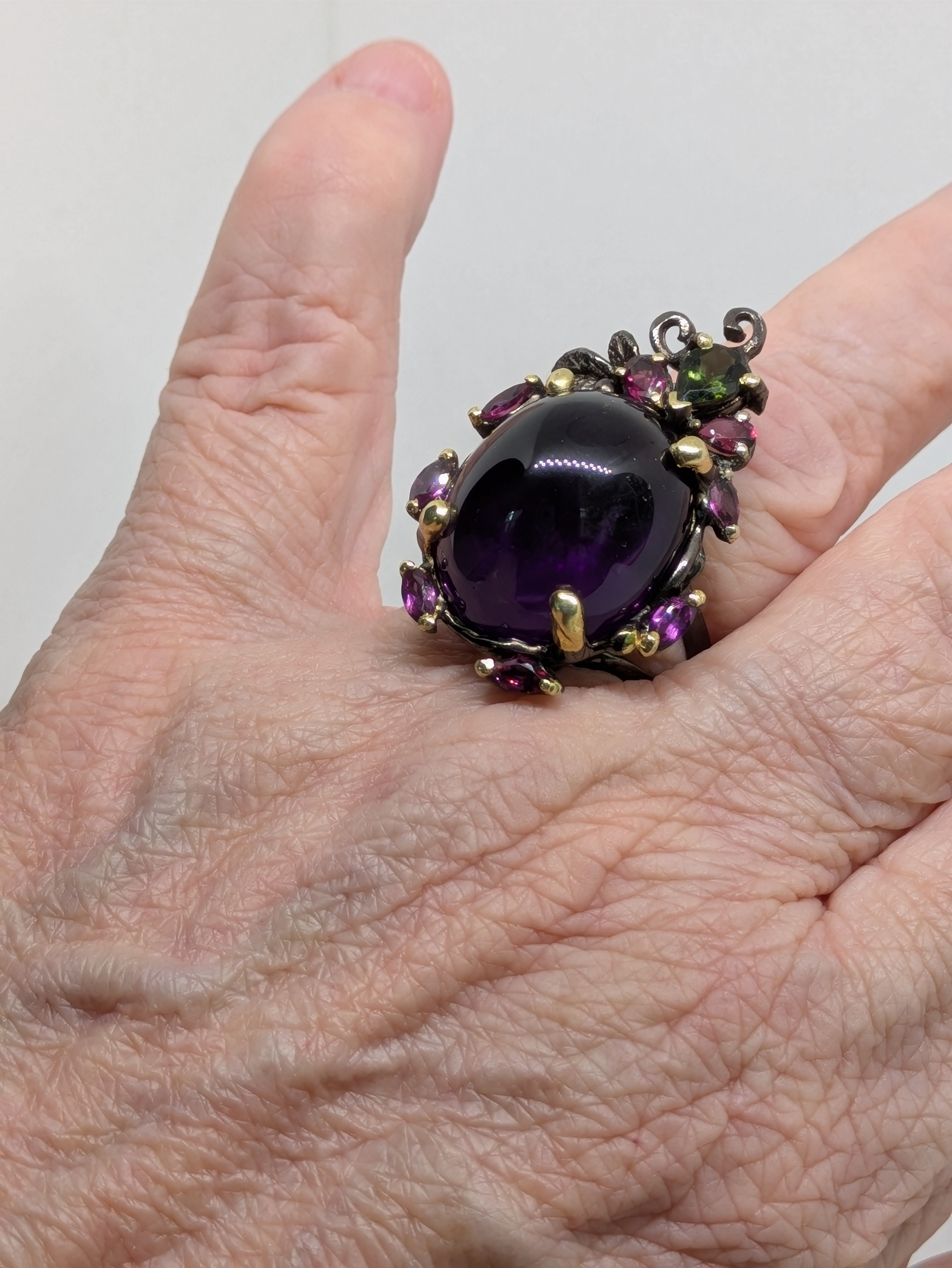 35ct Natural Mined Amethyst Cabochon Ring with Tourmaline and Rhodolite Accents Black Rhodium