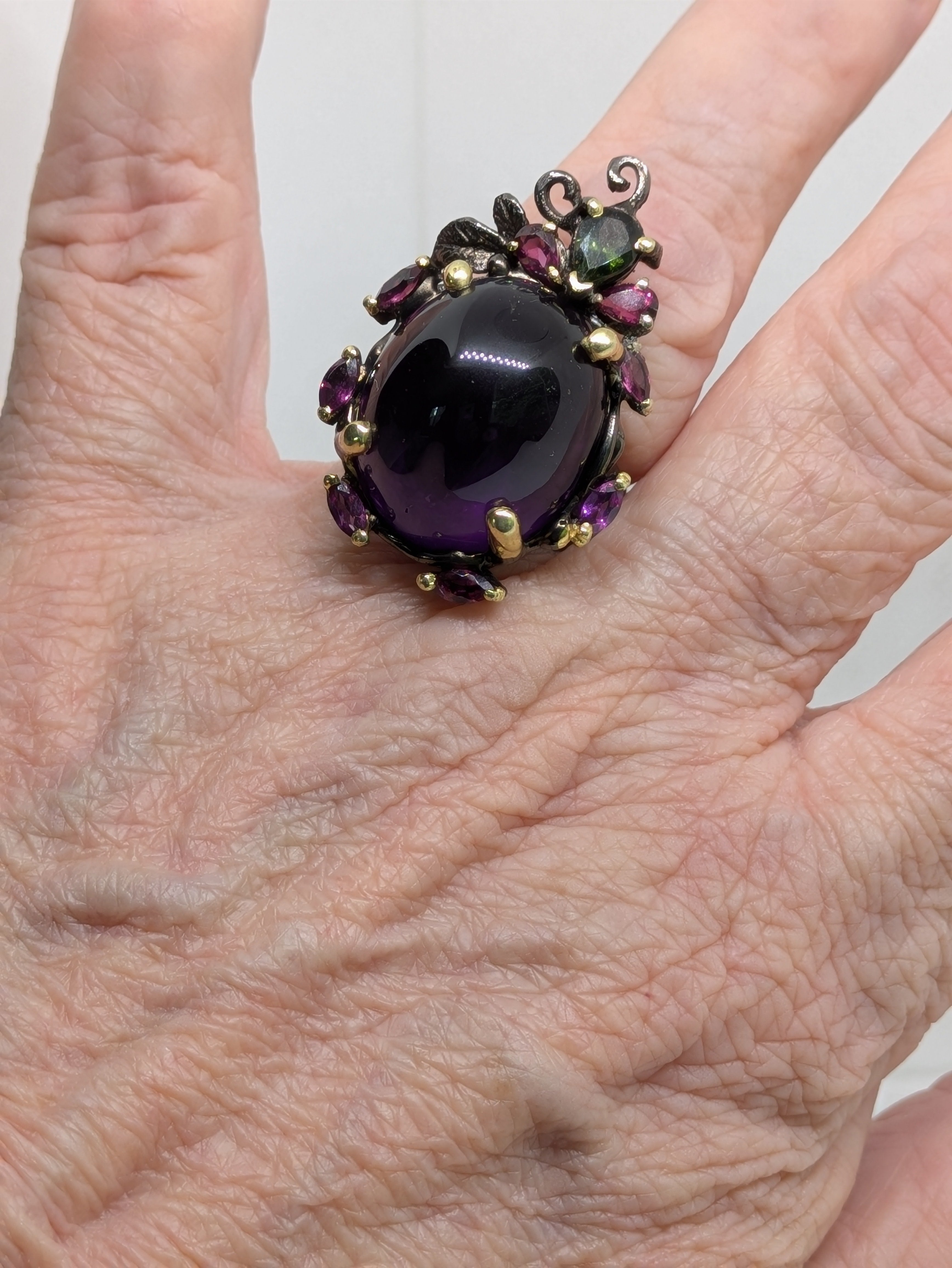 35ct Natural Mined Amethyst Cabochon Ring with Tourmaline and Rhodolite Accents Black Rhodium