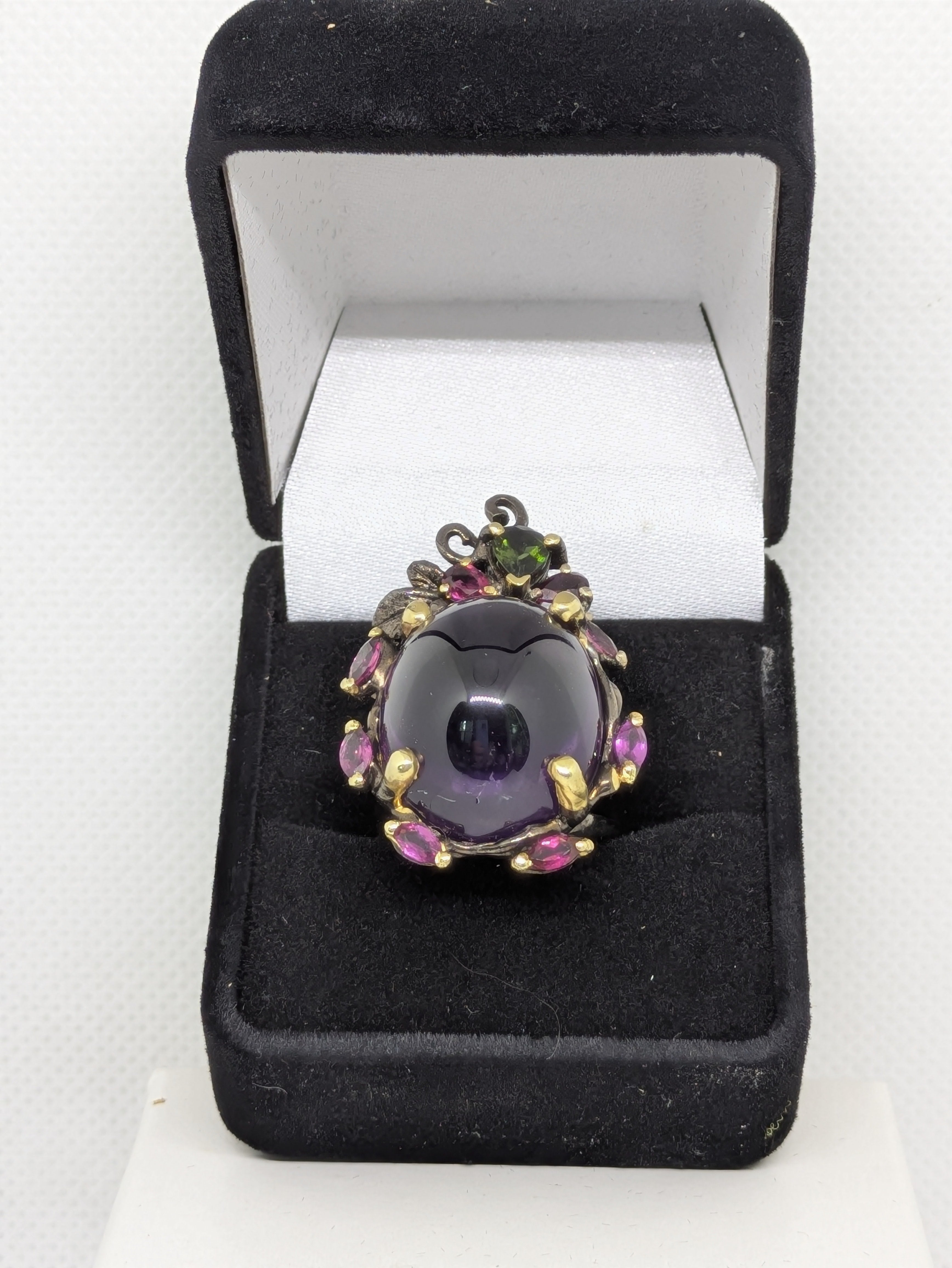 35ct Natural Mined Amethyst Cabochon Ring with Tourmaline and Rhodolite Accents Black Rhodium