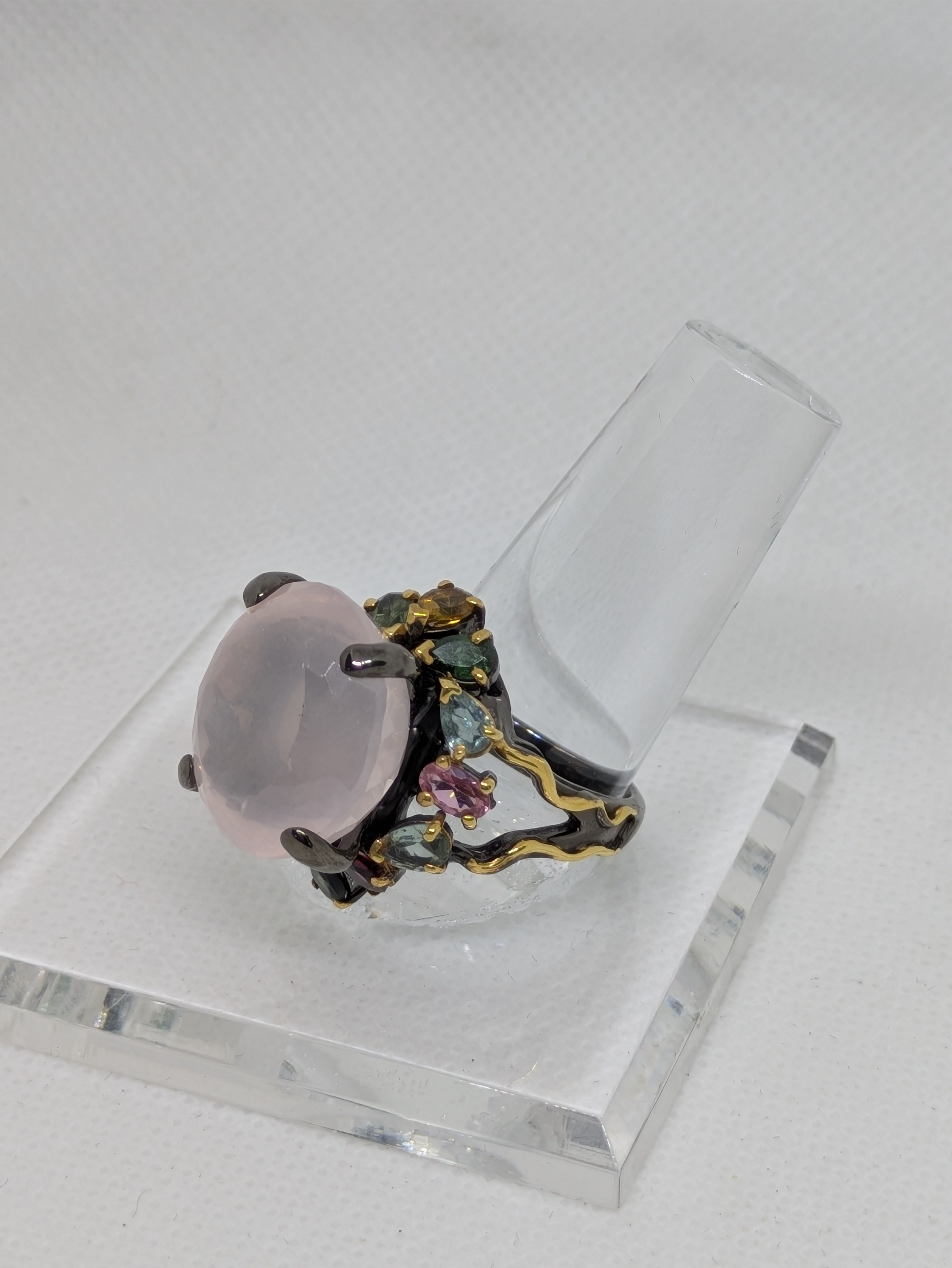 21ct Natural Rose Quartz Cabochon Cocktail Ring with Tourmaline Accents black rhodium
