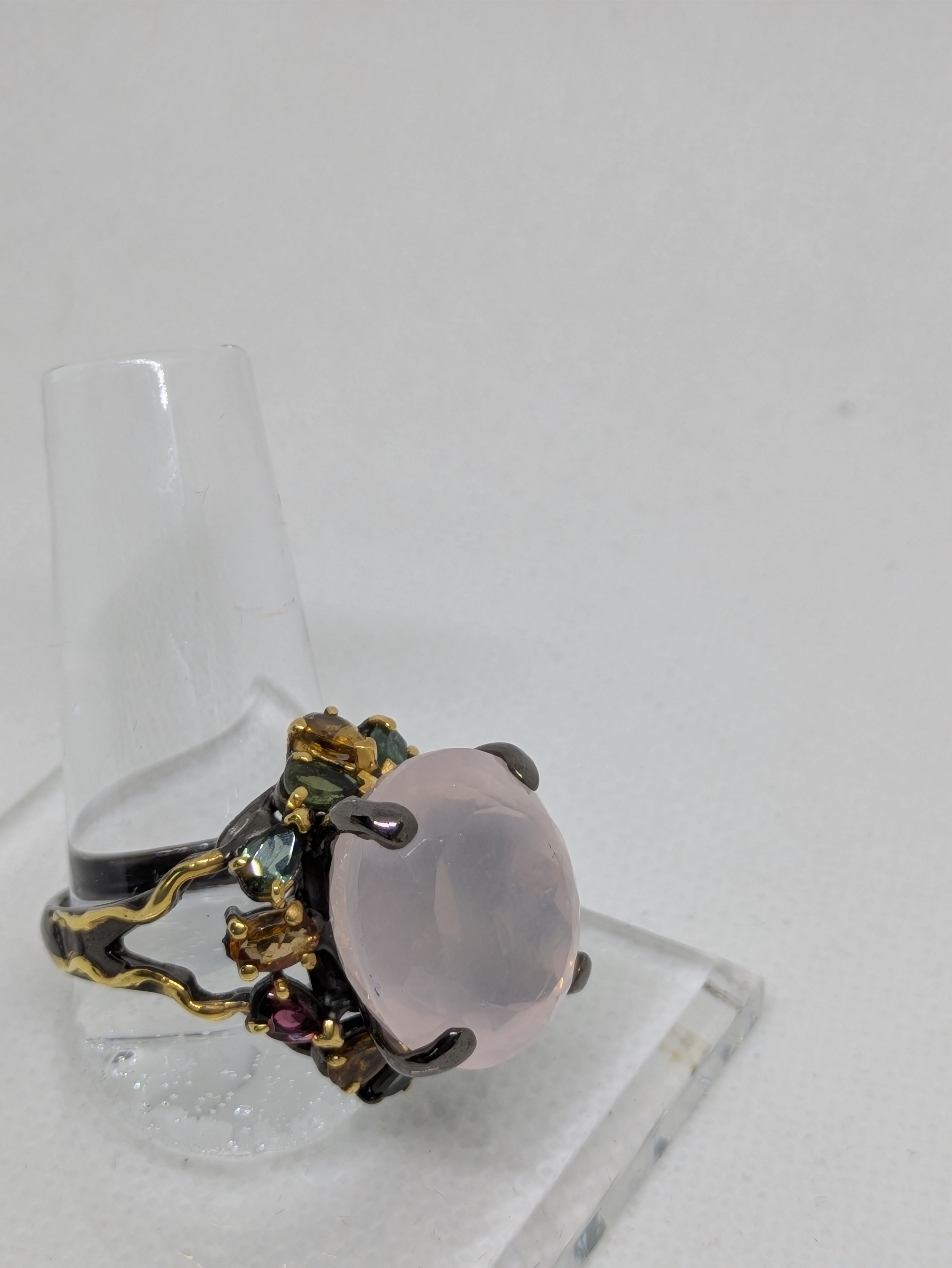 21ct Natural Rose Quartz Cabochon Cocktail Ring with Tourmaline Accents black rhodium