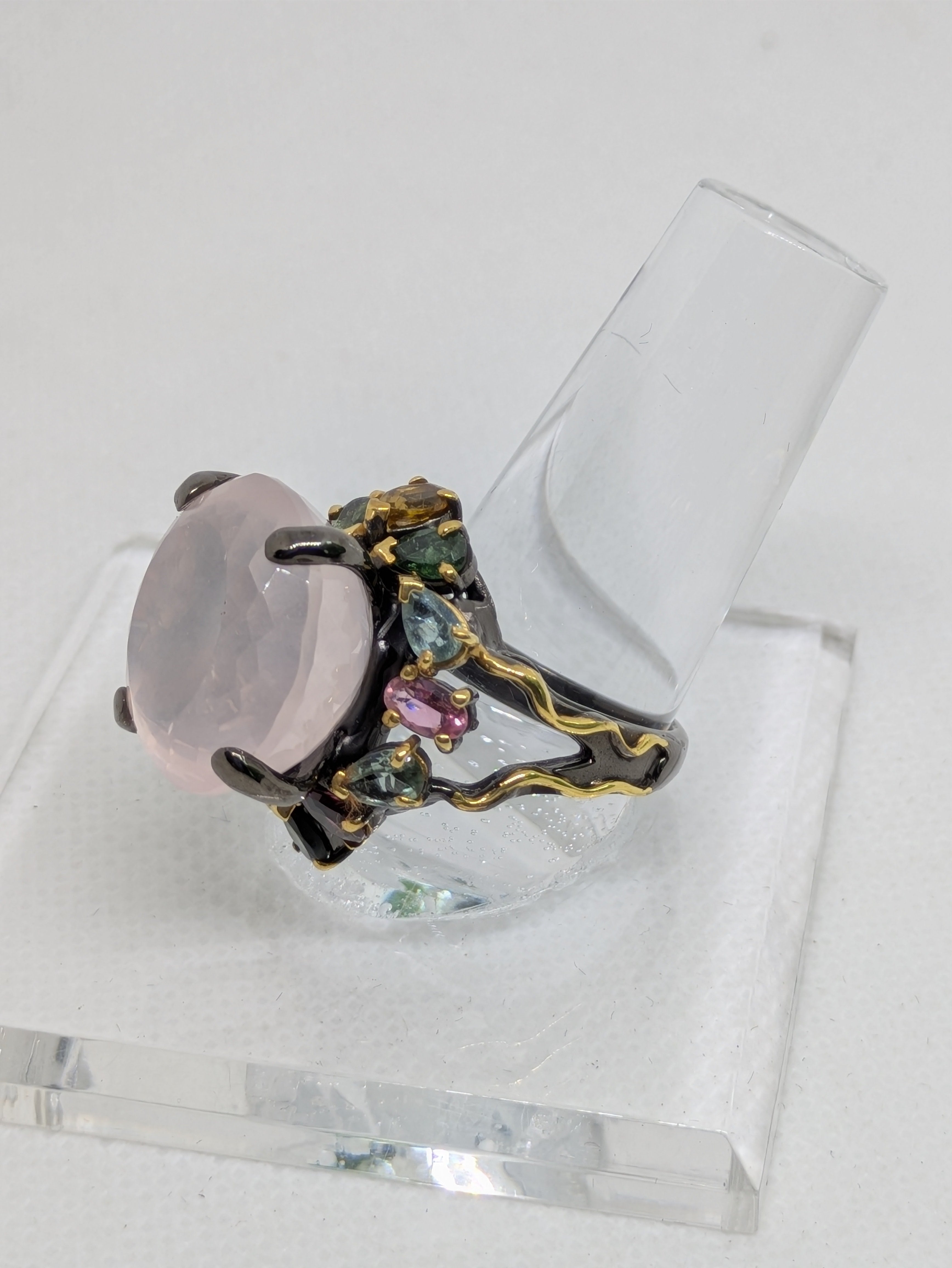 21ct Natural Rose Quartz Cabochon Cocktail Ring with Tourmaline Accents black rhodium