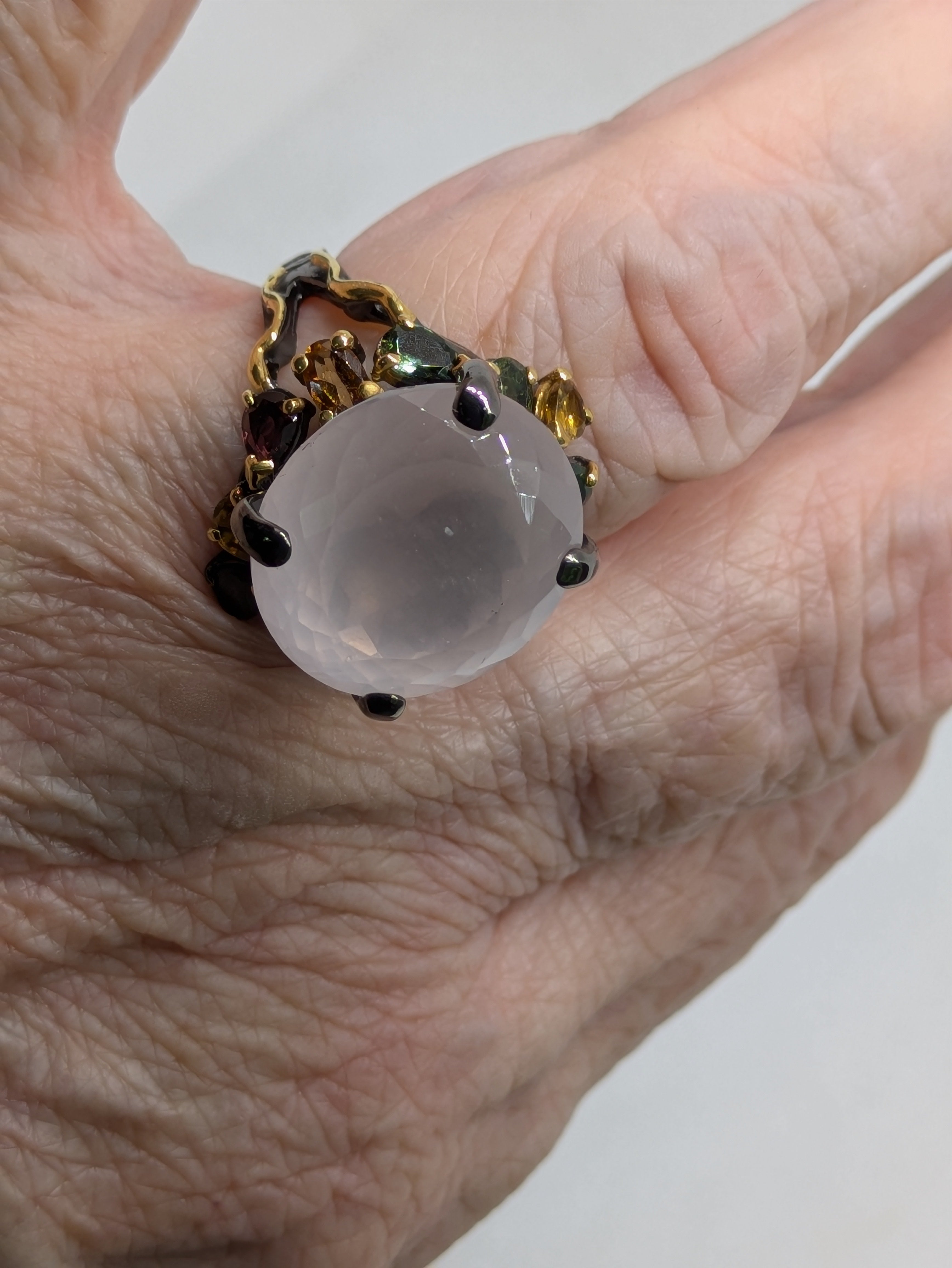 21ct Natural Rose Quartz Cabochon Cocktail Ring with Tourmaline Accents black rhodium