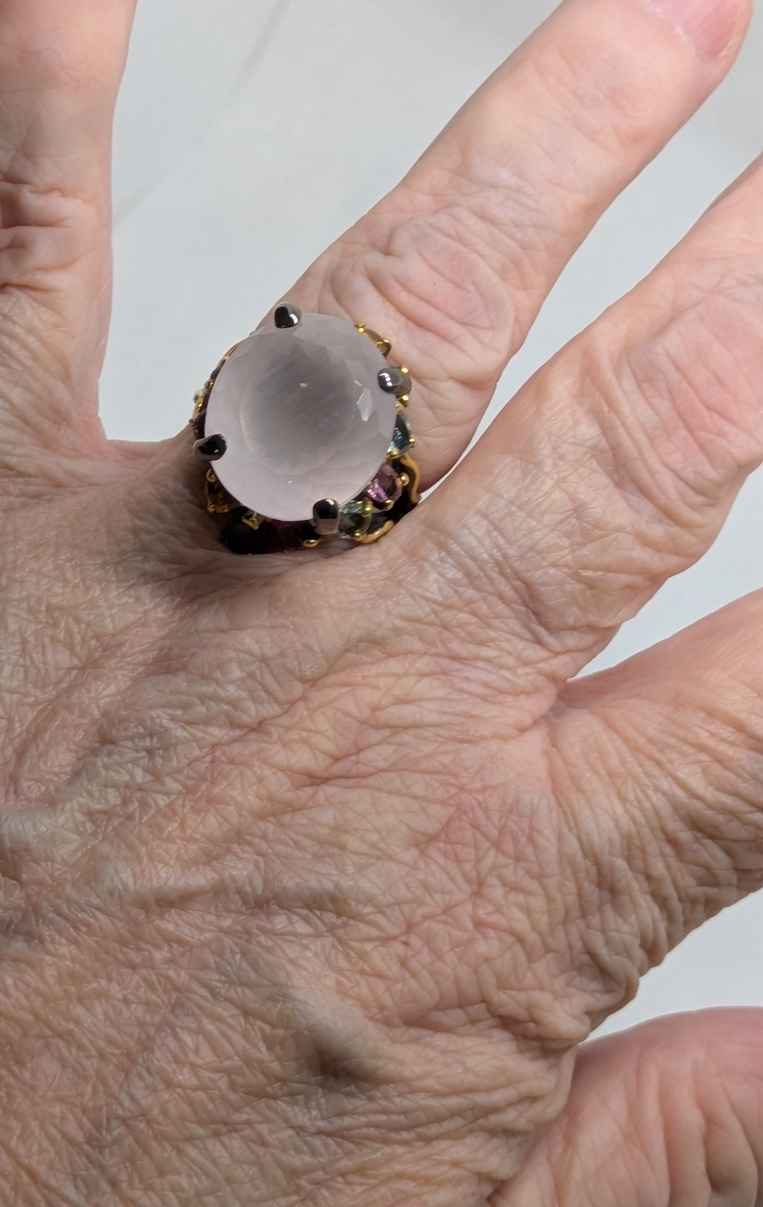 21ct Natural Rose Quartz Cabochon Cocktail Ring with Tourmaline Accents black rhodium