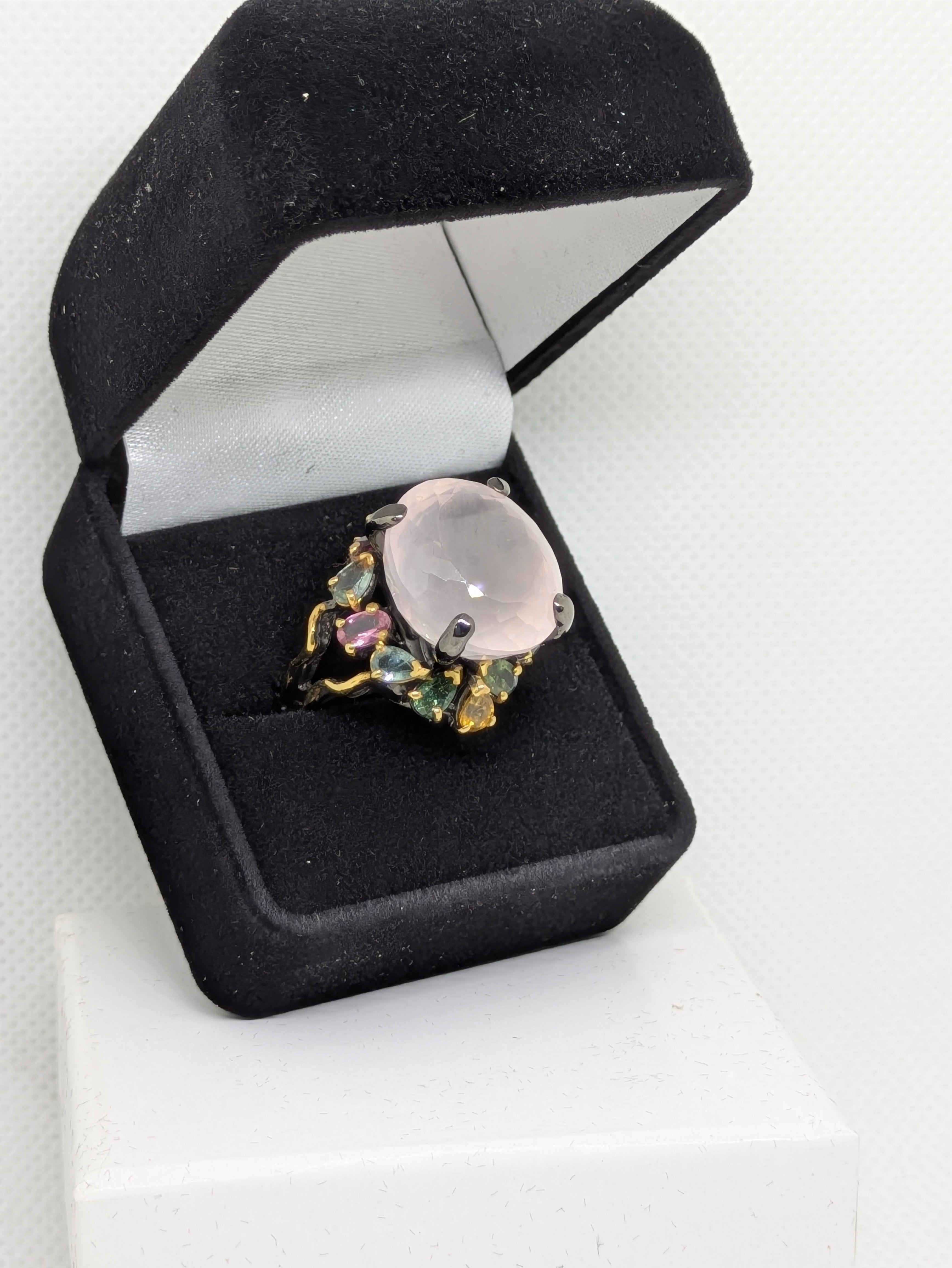 21ct Natural Rose Quartz Cabochon Cocktail Ring with Tourmaline Accents black rhodium