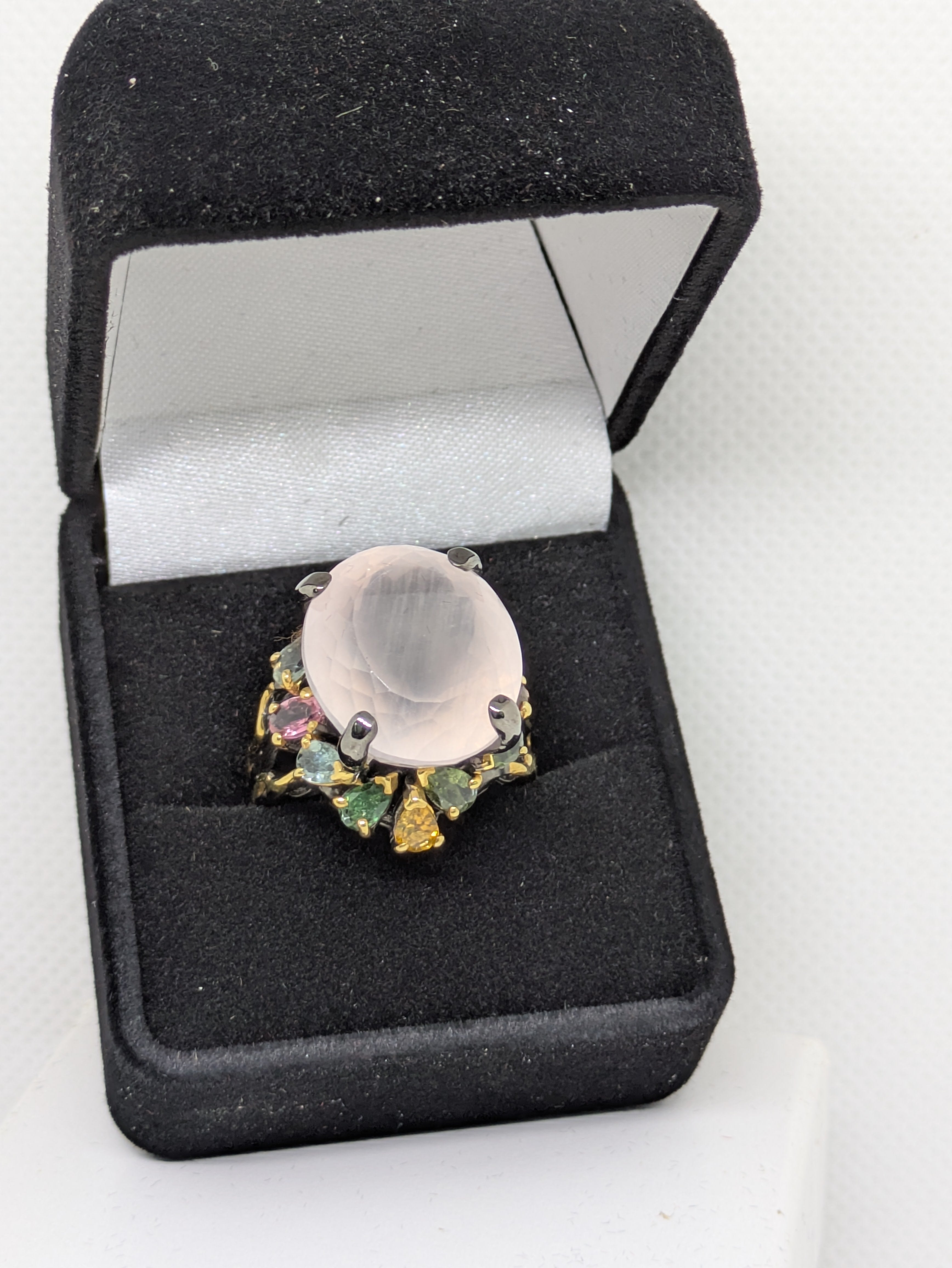 21ct Natural Rose Quartz Cabochon Cocktail Ring with Tourmaline Accents black rhodium