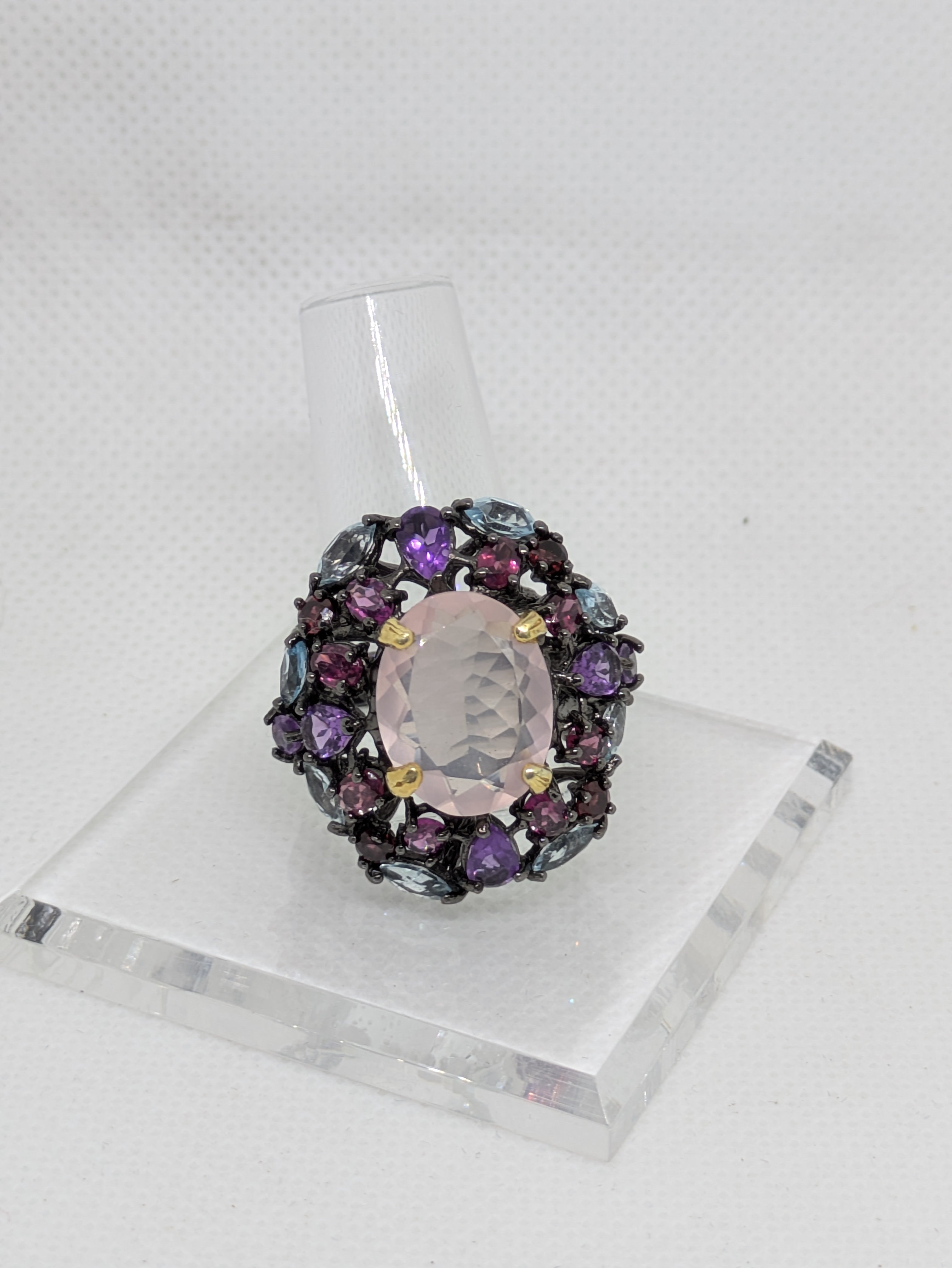 12 Carat Natural Rose Quartz Ring | Amethyst, Rhodolite & Blue Topaz Double Halo | Black Rhodium