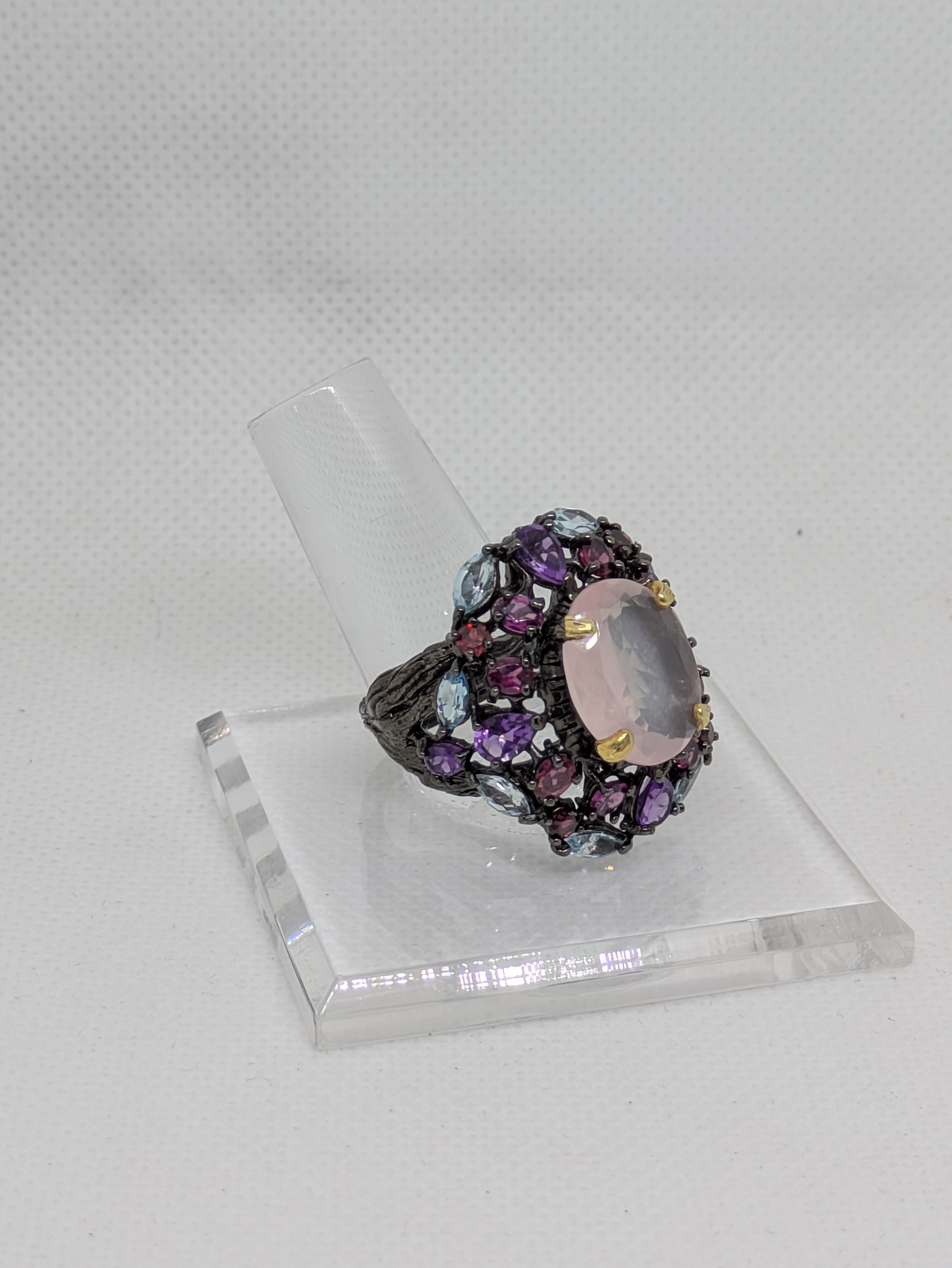 12 Carat Natural Rose Quartz Ring | Amethyst, Rhodolite & Blue Topaz Double Halo | Black Rhodium