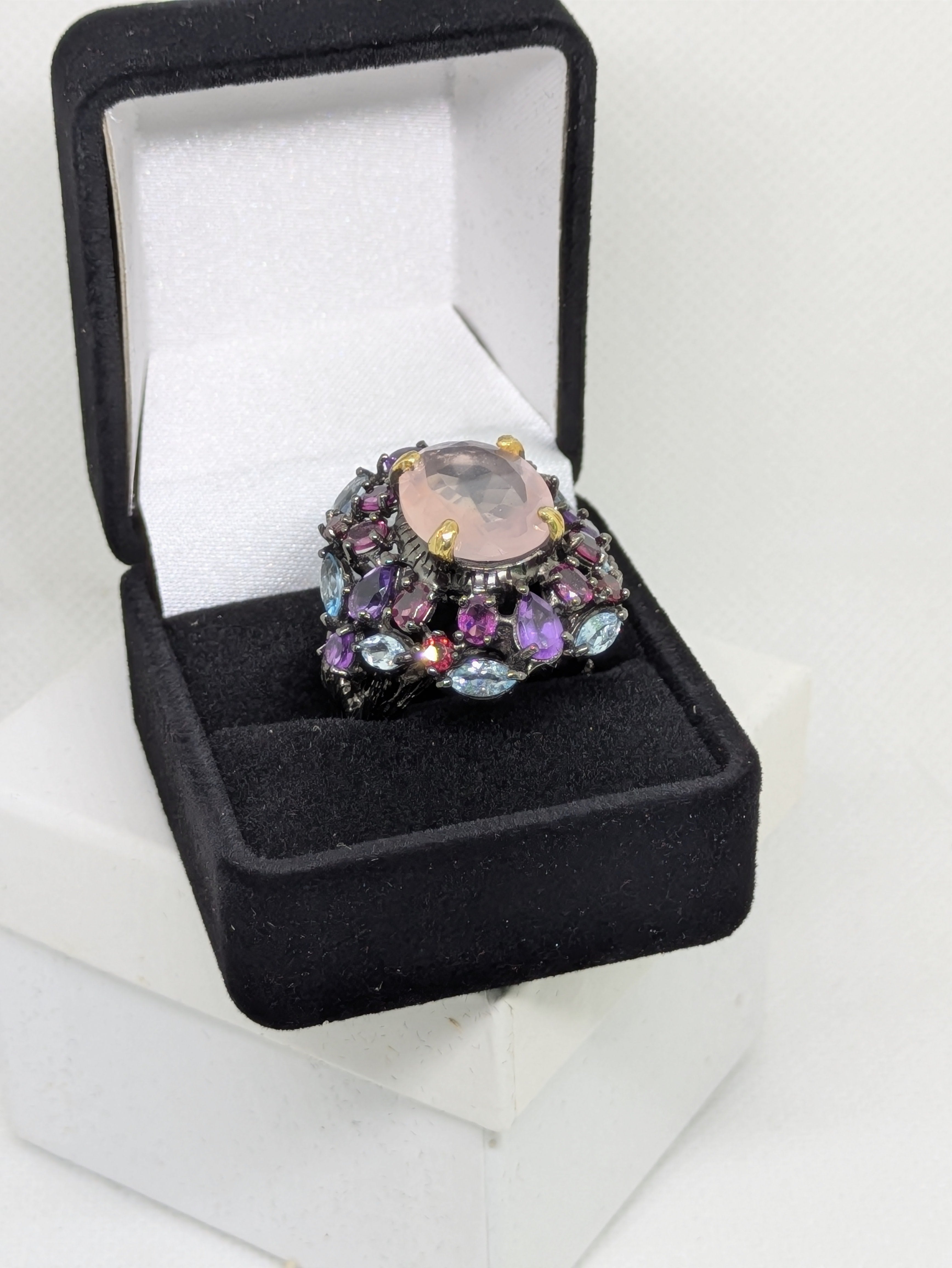 12 Carat Natural Rose Quartz Ring | Amethyst, Rhodolite & Blue Topaz Double Halo | Black Rhodium