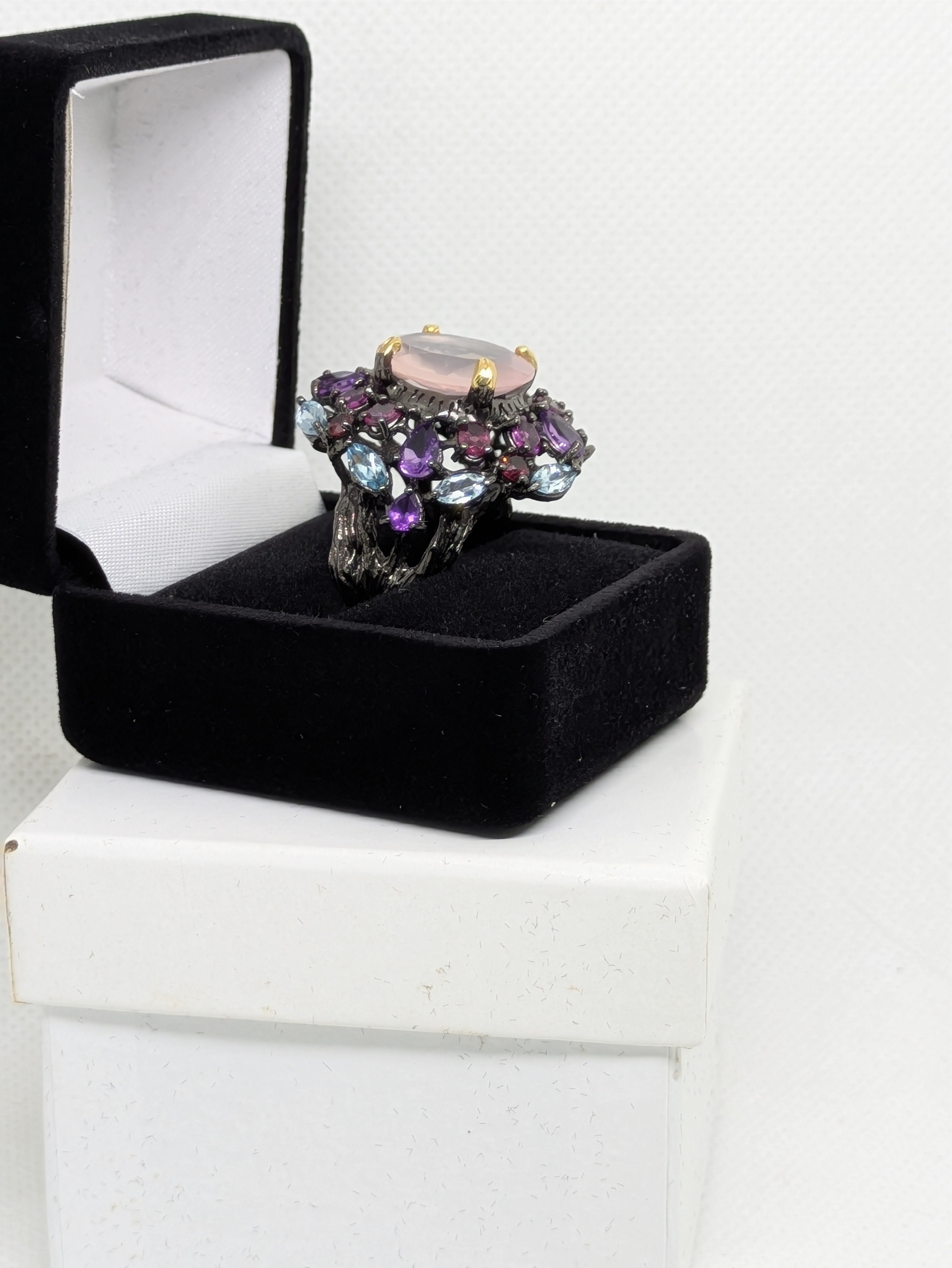 12 Carat Natural Rose Quartz Ring | Amethyst, Rhodolite & Blue Topaz Double Halo | Black Rhodium
