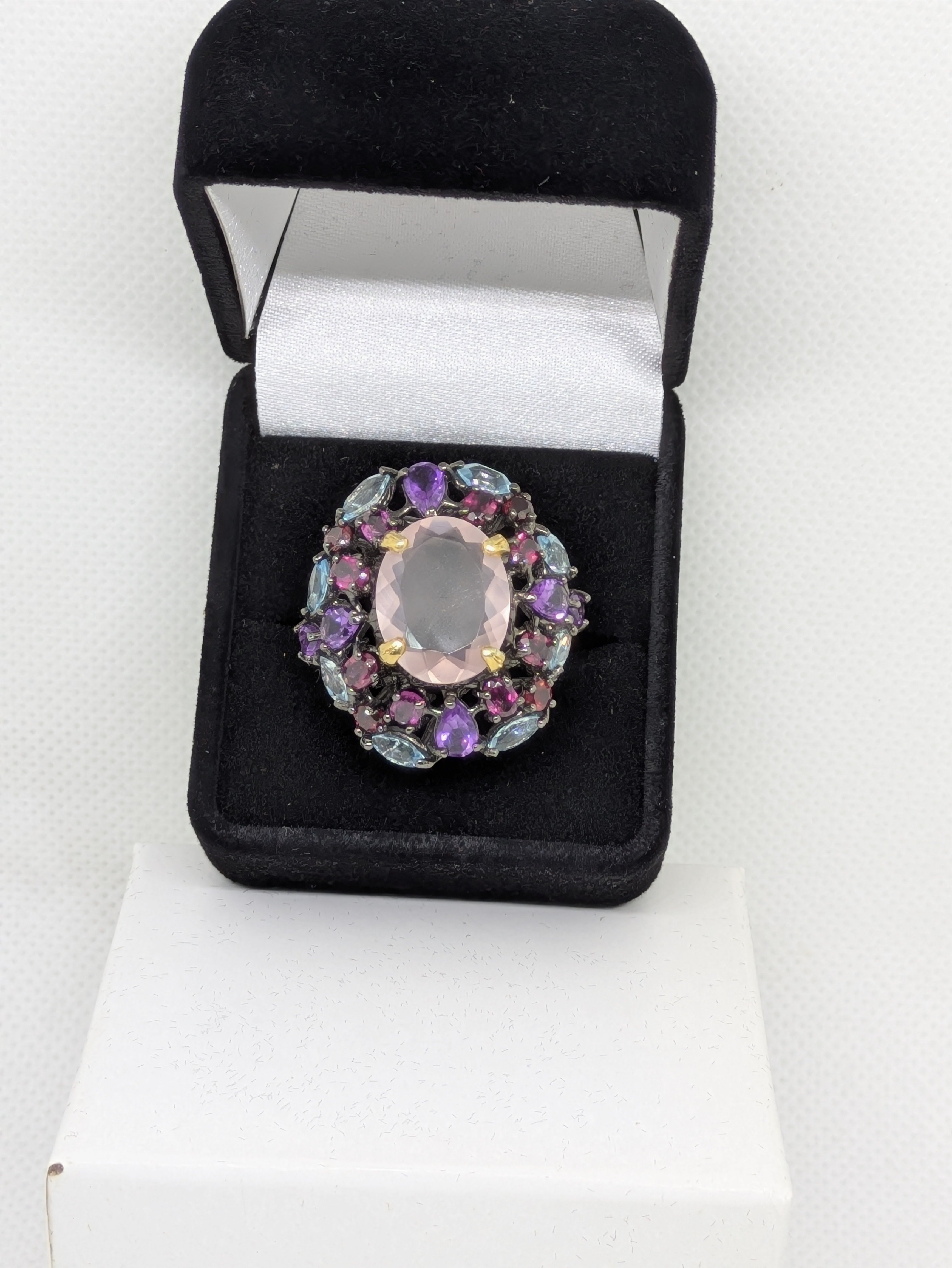 12 Carat Natural Rose Quartz Ring | Amethyst, Rhodolite & Blue Topaz Double Halo | Black Rhodium