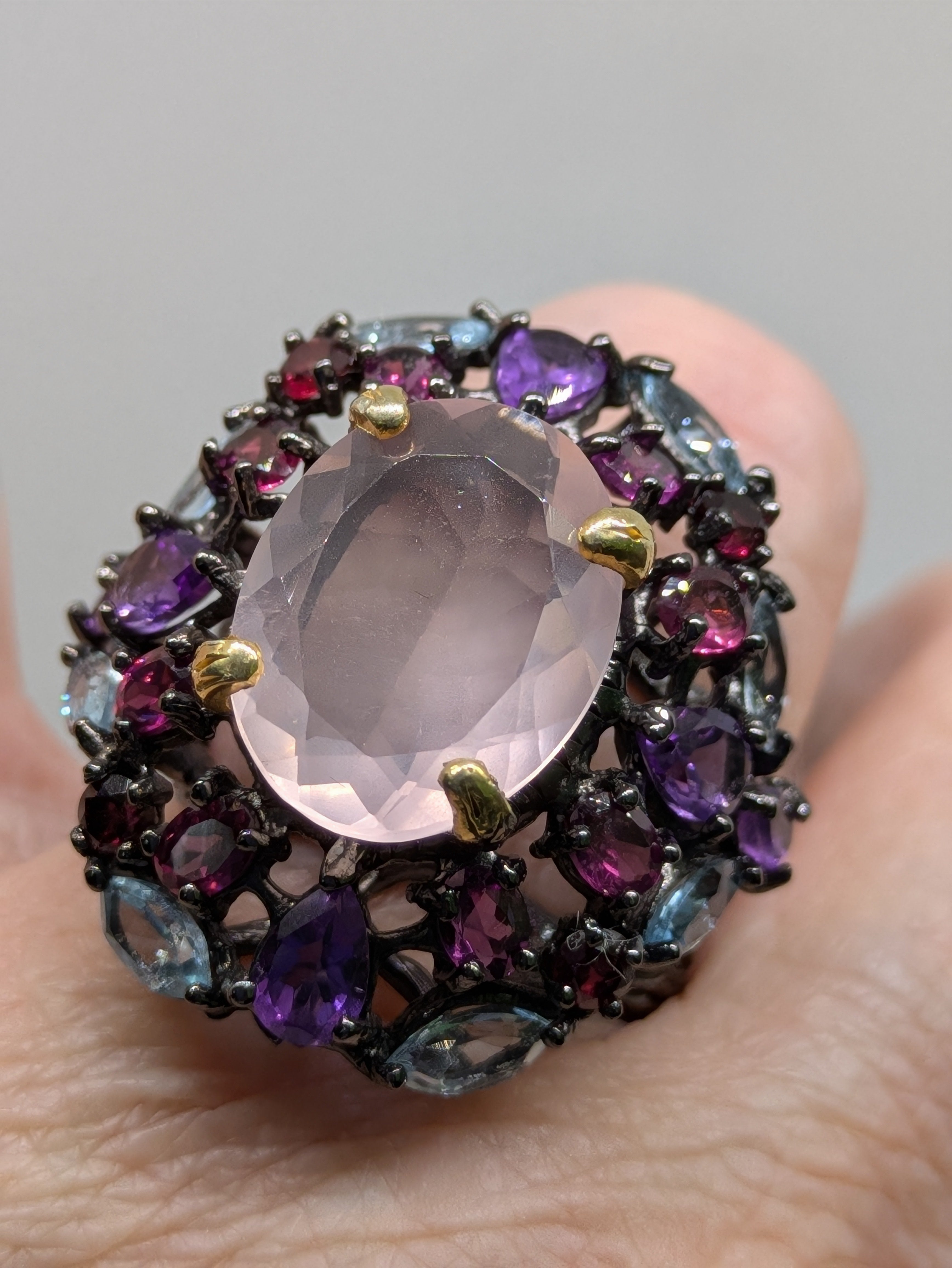 12 Carat Natural Rose Quartz Ring | Amethyst, Rhodolite & Blue Topaz Double Halo | Black Rhodium