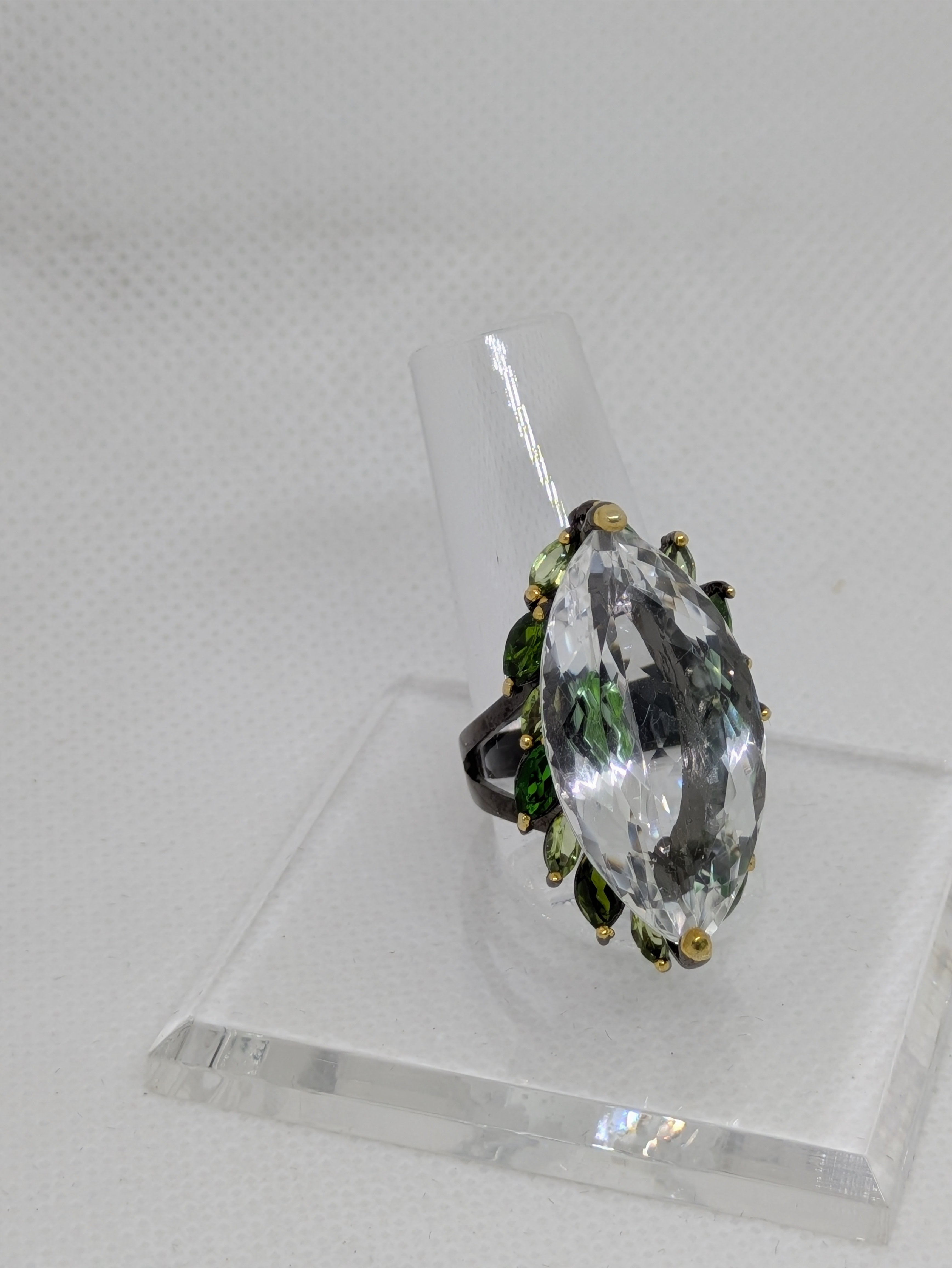 Natural 26 Carat Marquise Cut Quartz Ring with Peridot & Chrome Diopside Side Halo