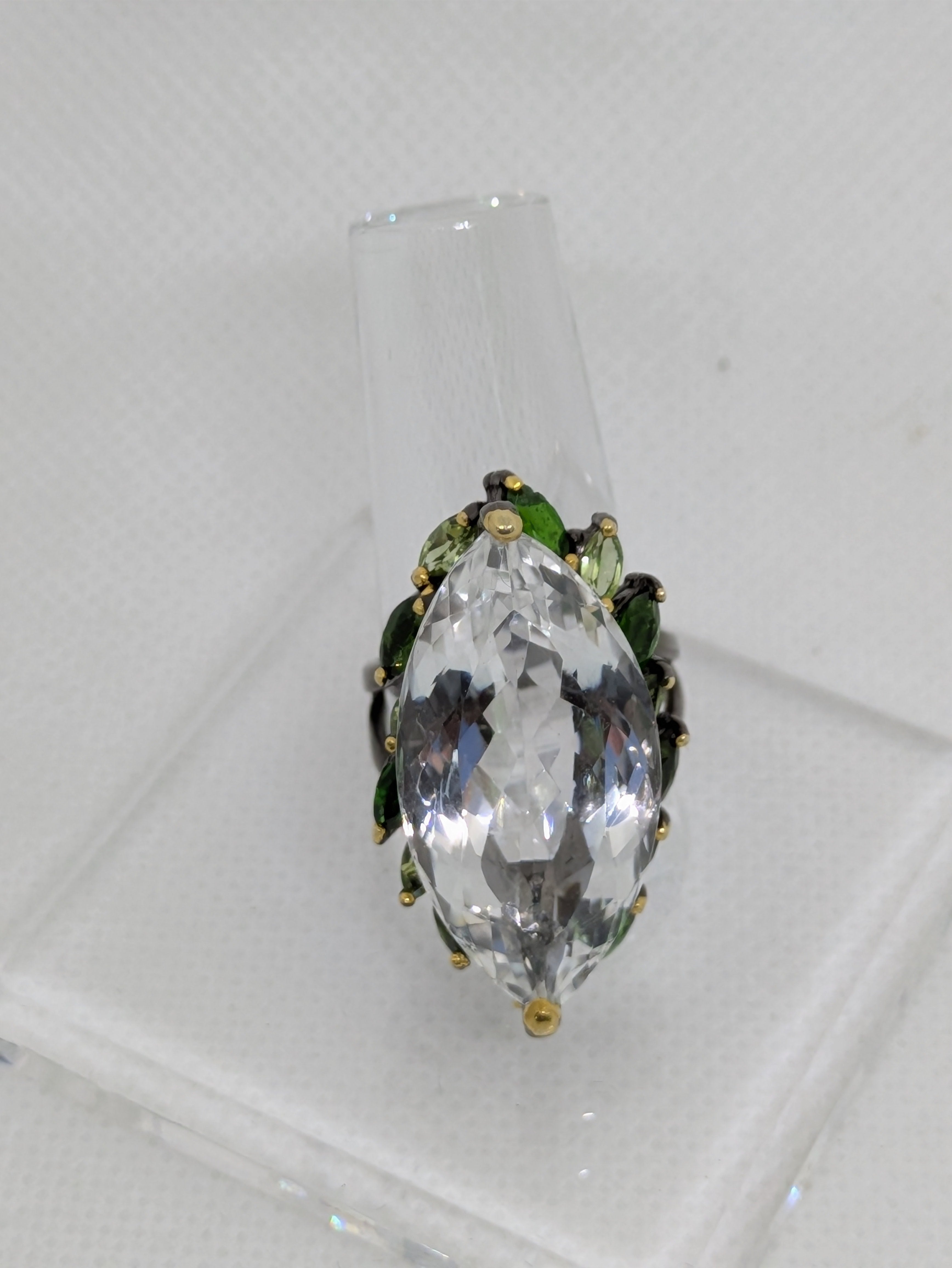 Natural 26 Carat Marquise Cut Quartz Ring with Peridot & Chrome Diopside Side Halo
